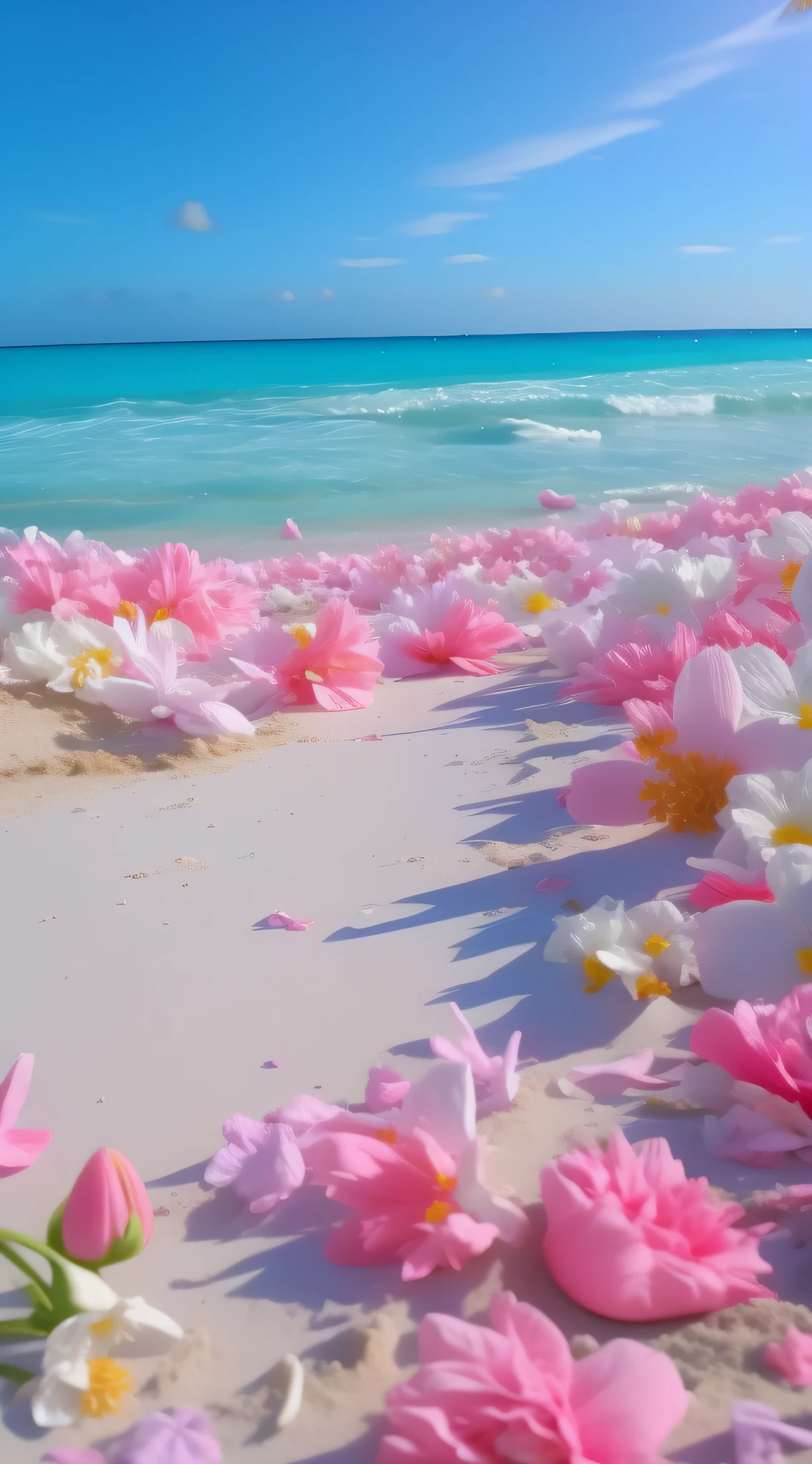 Flowers are scattered on the beach near the ocean and sand, flowers sea everywhere, blue and pink, pink and blue color, beatiful background, shades of pink and blue, Beautiful wallpaper, Beautiful background, beautiful dreamy breathtaking, very beautiful photograph of, Beautiful beach, breath-taking beautiful beach, Beautiful nature, big breasts beautiful, soft light 4 k in pink