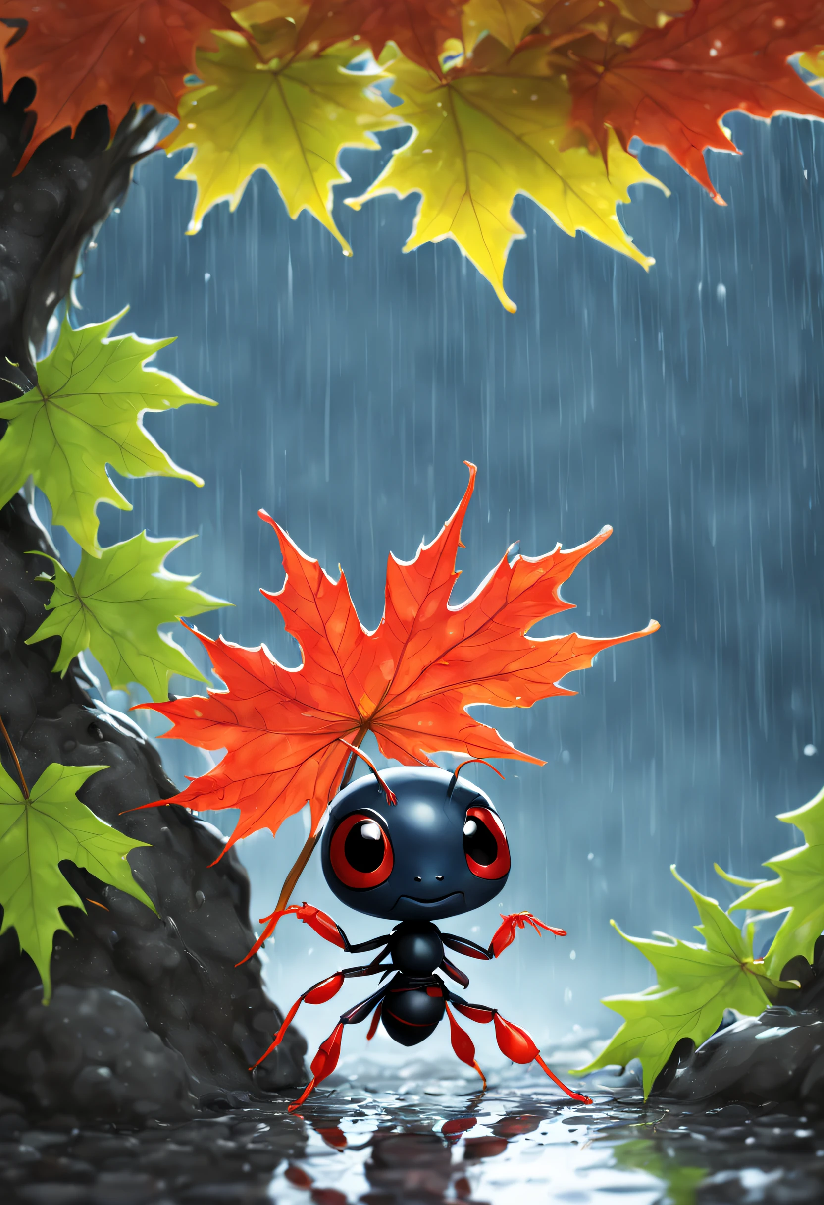 A cute ant takes shelter from the rain, under a maple leaf, depicts this scene in an anime style, with high focus and intricate details