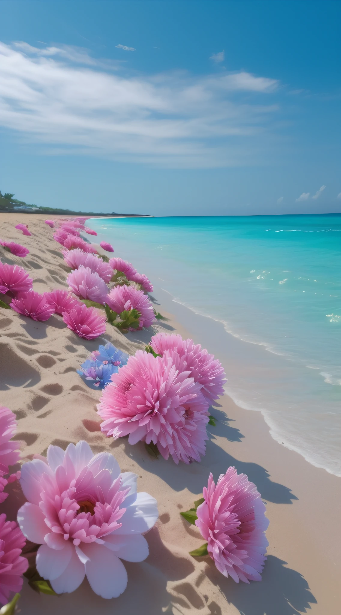 Flowers on the beach with blue sky, flowers sea everywhere, breath-taking beautiful beach, beatiful background, beautiful dreamy breathtaking, Beautiful beach, pink and blue color, blue and pink, Beautiful wallpaper, Incredibly beautiful, Really beautiful nature, very beautiful photograph of, Beautiful ocean, beautiful composition 3 - d 4 k, shades of pink and blue