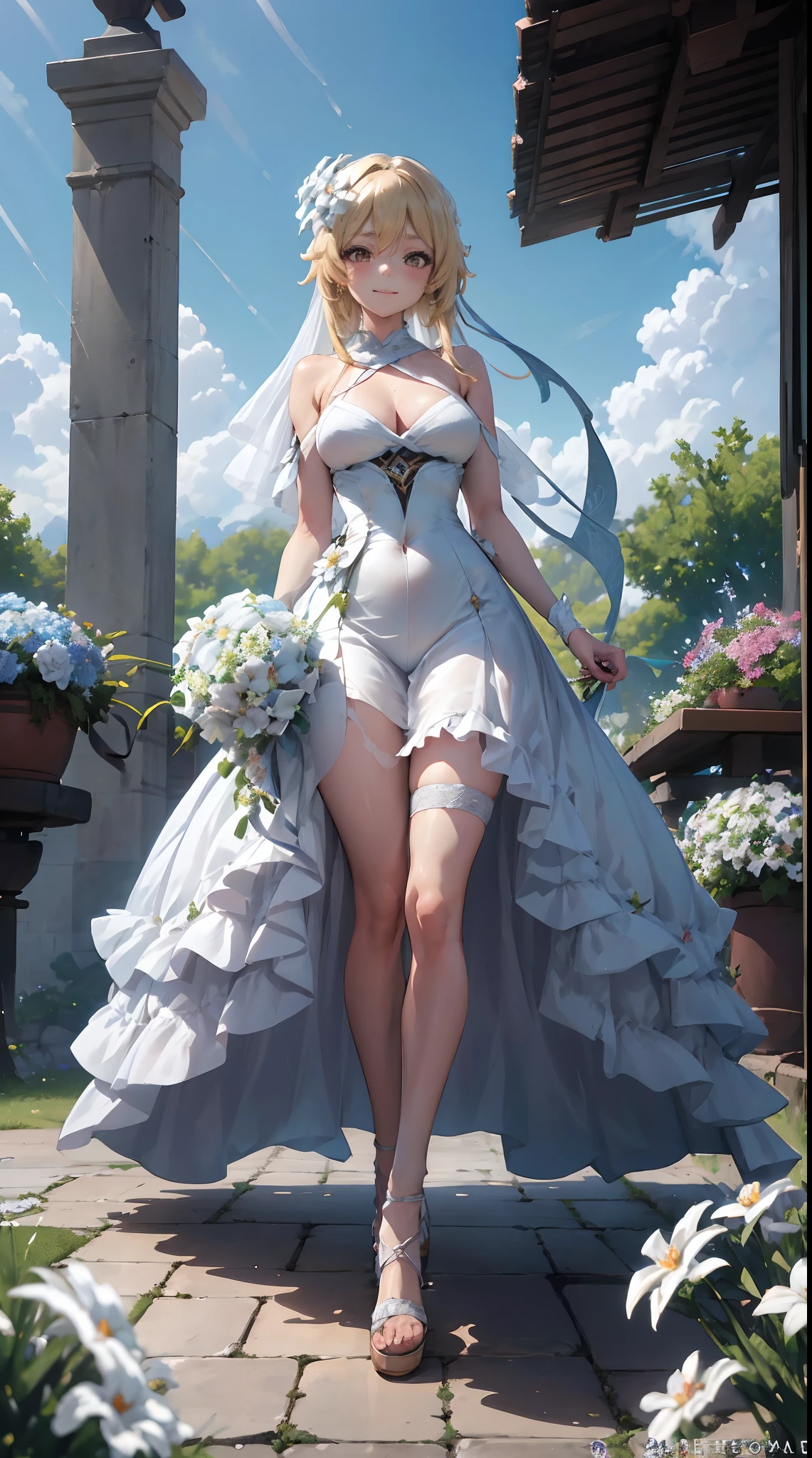 Lumine | genshin impact, master-piece, bestquality, 1girls,25 years old, proportional body, proportional., Wedding Dresses, White Wedding Dress, Long skirt, wedding, mediuml breasts, ,bara, Standing in the middle of a flower garden, outdoor, wedding, The sky is beautiful, Both hands hold a bouquet of flowers............, View viewers from the front., Thigh strap, Head tilt, bored, 10, 10, HD, slight smile,