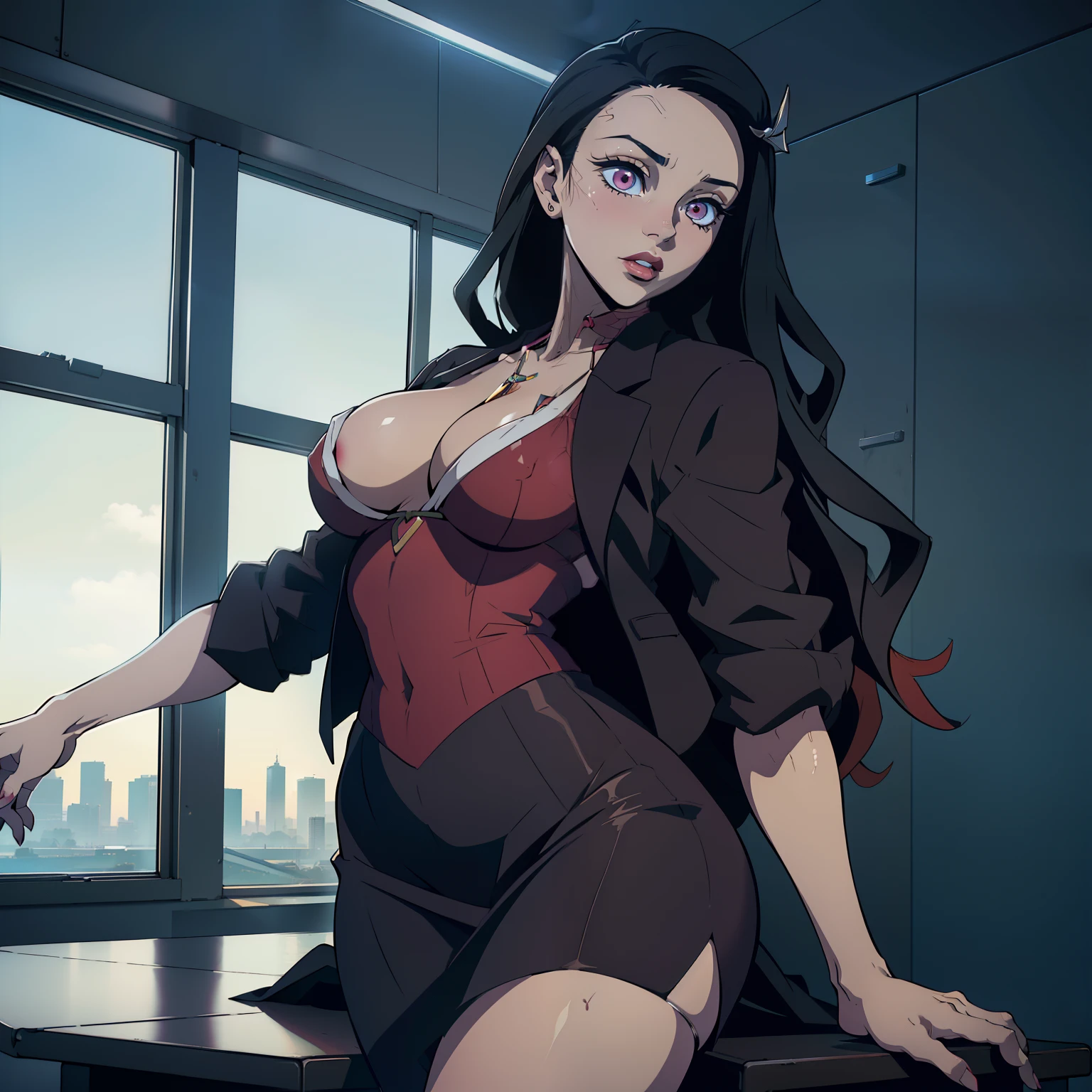 Hyper realistic super detailed sexy Nezuko, NSFW, Very detailed, expressions faciales sexy, seductive facial expressions, [:(Face detail: 1.4): 0.4], 16K resolution, 4k resolution, dinamic lighting, High definition resolution, (sexy pose, Position attrayante), (hyper realistic: 1.4), (back light: 1.2), (sun light: 1), (pleine hauteur: 1.8),(contrasting background: 1.5), (Anatomy of the hyperrealistic arm), (Hyperrealistic anatomy of the legs), (peau propre), (lighting cinematic: 1.7), (intime), (Technologie NVIDIA RTX Ray Tracing), (Anatomy of the hyperrealistic arm: 2), (Ventre plat parfait), (image couleur),Create a 4K resolution, ultra-realistic, and extremely detailed artwork featuring a Nezuko CEO in a corporate office setting with a provocative style. Nezuko is the central character in the artwork, known for her commanding presence and bold appearance. She is seated at her executive desk in a modern office with large windows offering a cityscape view.

Nezuko has a commanding presence. She has a provocative yet professional silhouette, with a tailored business suit that subtly emphasizes her figure. Her makeup is bold, with striking red lips and a gaze that demands attention.

She is dressed provocatively, making a bold fashion statement. Her business suit is exquisitely tailored, with a slightly low-cut blazer that adds a touch of allure to her attire. She wears a pencil skirt that accentuates her elegance and high heels that command authority. Her jewelry is exquisite, adding a touch of glamour to her overall appearance.