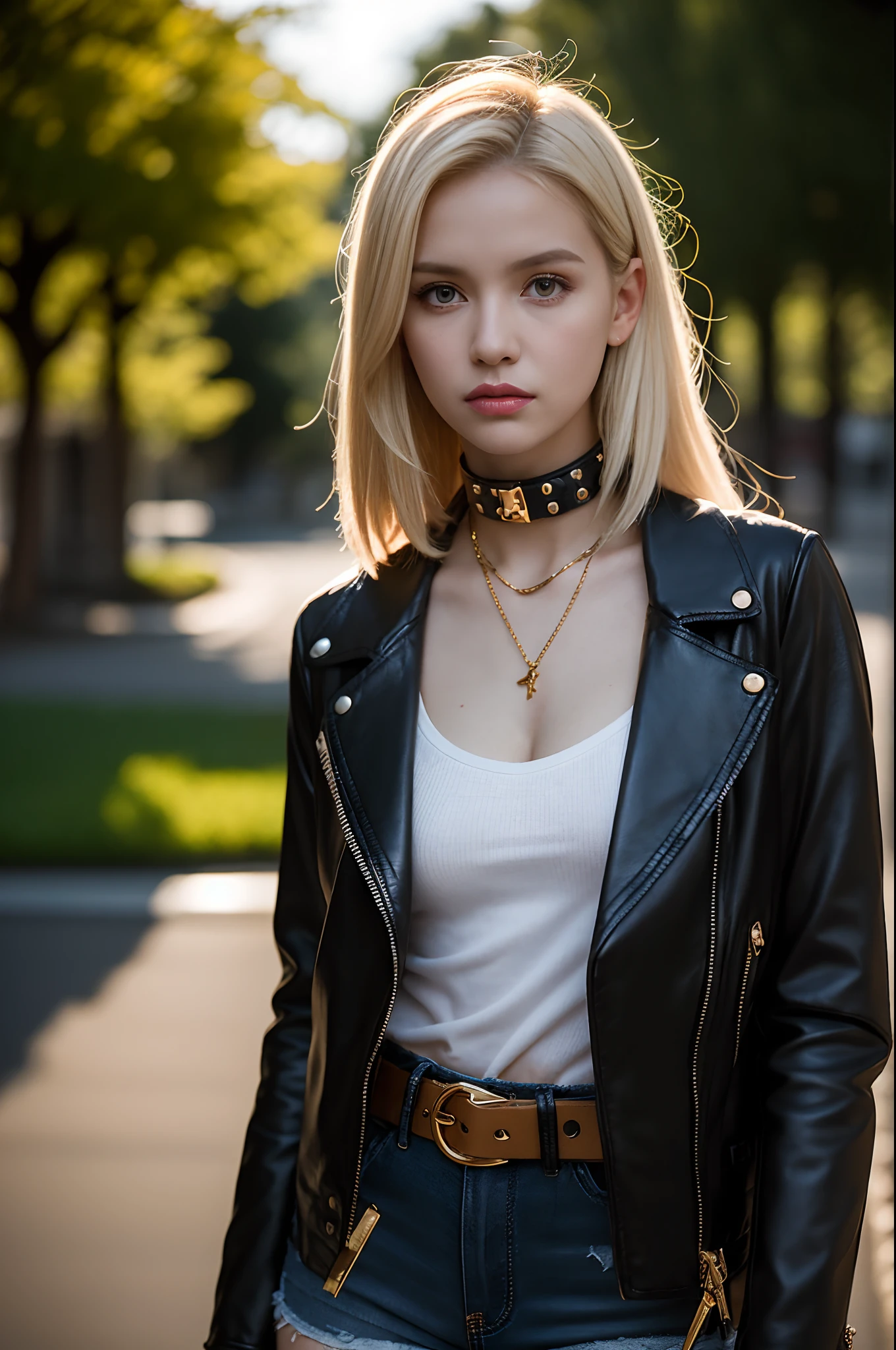 Portrait of a blonde girl. 20 years old, photograph, wearing steel collar, Wear leather shorts, wearing a black leather jacket, Wearing boots, studded belt, Highly detailed face, depth of fields, moody light, the golden hour, Dan Winters' style, Russell James, Steve McCurry, Centered, Extremely detailed, Nikon D850, awardwinning photo