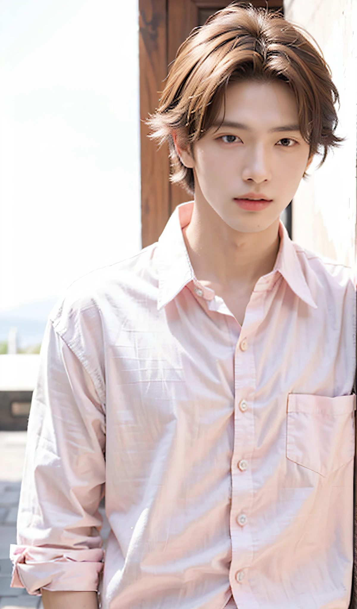 tmasterpiece,best qualtiy,hight resolution,超A high resolution,Johnny's,realisticlying,Young men,韓国アイドル、Handsome face,natural soft light,looking at viewert,Hawaiian cityscape、shopping、Pink shirt