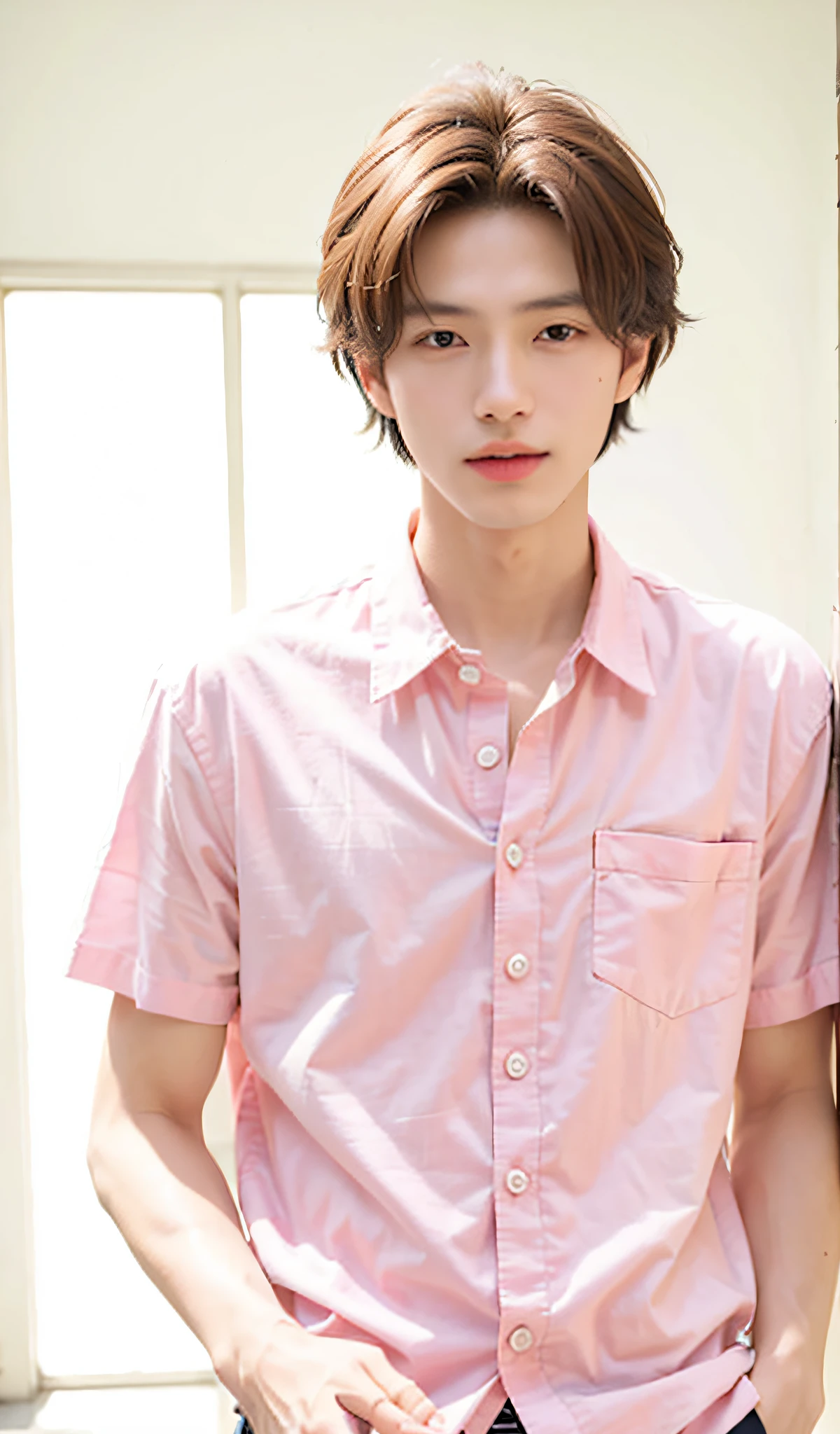 tmasterpiece,best qualtiy,hight resolution,超A high resolution,Johnny's,realisticlying,Young men,韓国アイドル、Handsome face,natural soft light,looking at viewert,Hawaiian cityscape、shopping、Pink shirt