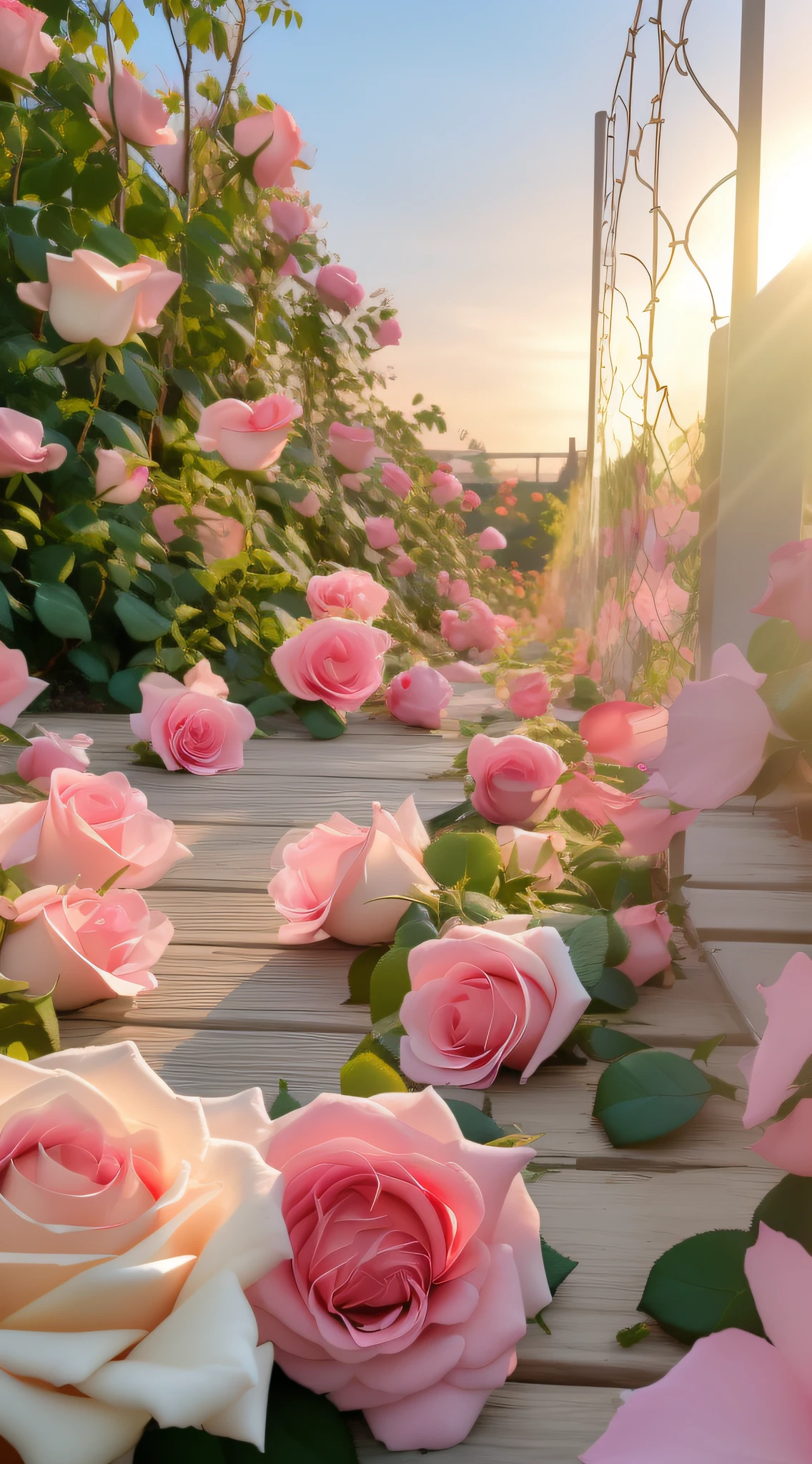 There are many pink roses on the ground next to the fence, rosette, Beautiful and aesthetic, rosses, with soft pink colors, Beautiful flowers, roses in cinematic light, pink golden hour, Pink flowers, beautiful aesthetic, laying on roses, beutifull, Rose garden, Beautiful image, beautiful morning, Rose background, rose background, pastel roses