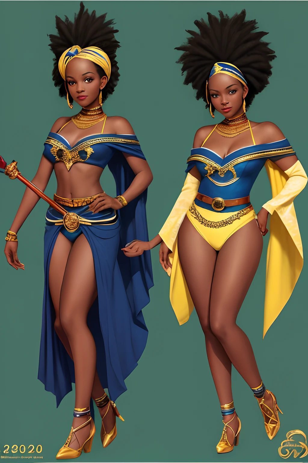 Uma mulher negra, mulata, Morena, imagem de ,corpo inteiro, cabelo afro caindo para a frente, Rasta type but braided, Araffe in a flappper suit holding a wand and wearing a headband, melindrosa, Anos 20, fantasia, Traje de alta qualidade, rugindo vinte anos, 1920s vibes, 1 9 2 0 s estilo pano, Era do Jazz, saia preta curta, 1 9 2 0 s estilo, 1920s style strong full-body vision, plano completo, vista frontal, vista traseira, design de personagem, Multiple views and poses, various points of view, de um personagem, corpo inteiro,, personagem com mesmo, estilo de roupa, no mesmo Estilo de cabelo, same type of footwear The route follows the cores of the Cape Verde flag. The top is deep blue, simbolizando o oceano . The chest and the central part are white, representando a paz e a unidade do povo cabo-verdiano. The sleeves and legs are red, denoting determination and spirit, do 10 Estrelas Douradas, : Ten gold stars are prominently displayed at the top of the costume, ao longo do peito e ombros, representando as 10 principais ilhas de Cabo Verde. Cada estrela, It is carefully detailed and shines brightly against the background Star Belt A wide belt, also golden, is used in Tribal Details, O traje incorpora elementos tribais discretos em seu design, Referencing cultural heritage