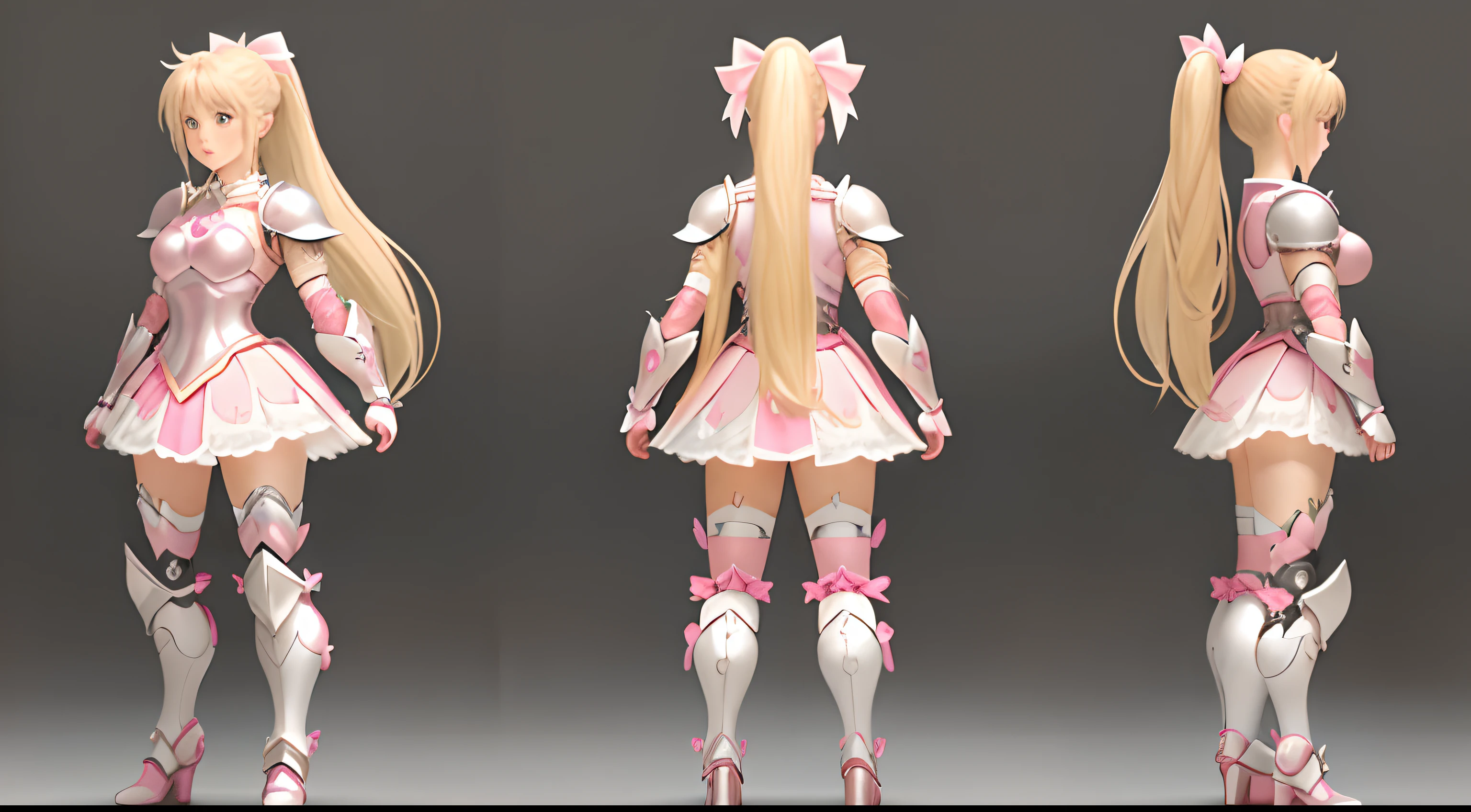 Woman, standing, long blonde hair tied in a ponytail by a big pink bow, pink and white fantasy half-plate armor, short poofy skirt, heels, anime, full body, character turnaround, front view, side view, back view