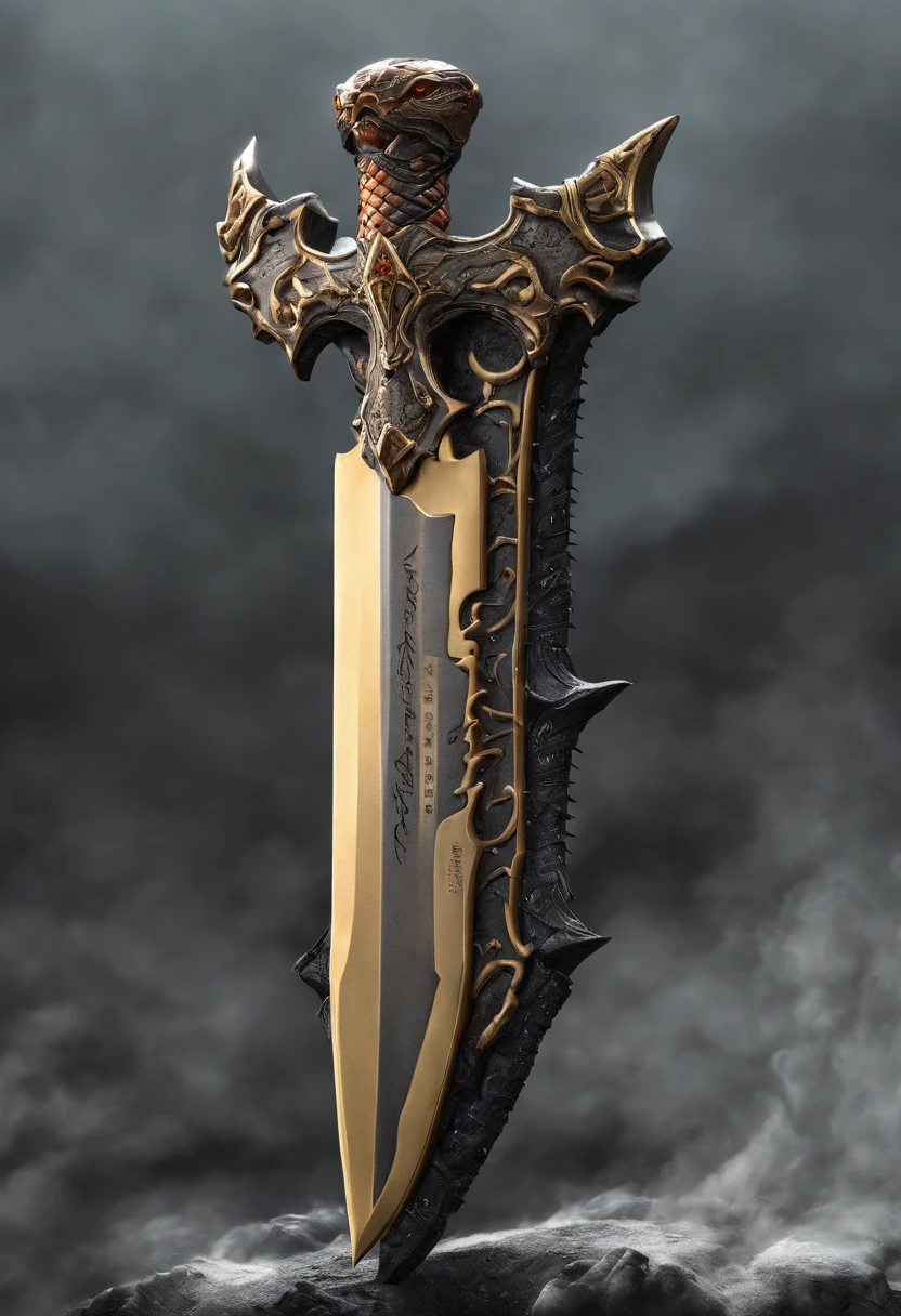 A large sword made of obsidian，Black and gold color scheme，The inside of the sword contains a roaring flame，Cracks appeared on the body, as if to tear the sword body apart，The sword body is full of flames，Magma rolling nearby，There is no human type，Only weapons, as well as the environment，Highlight flame with magma。