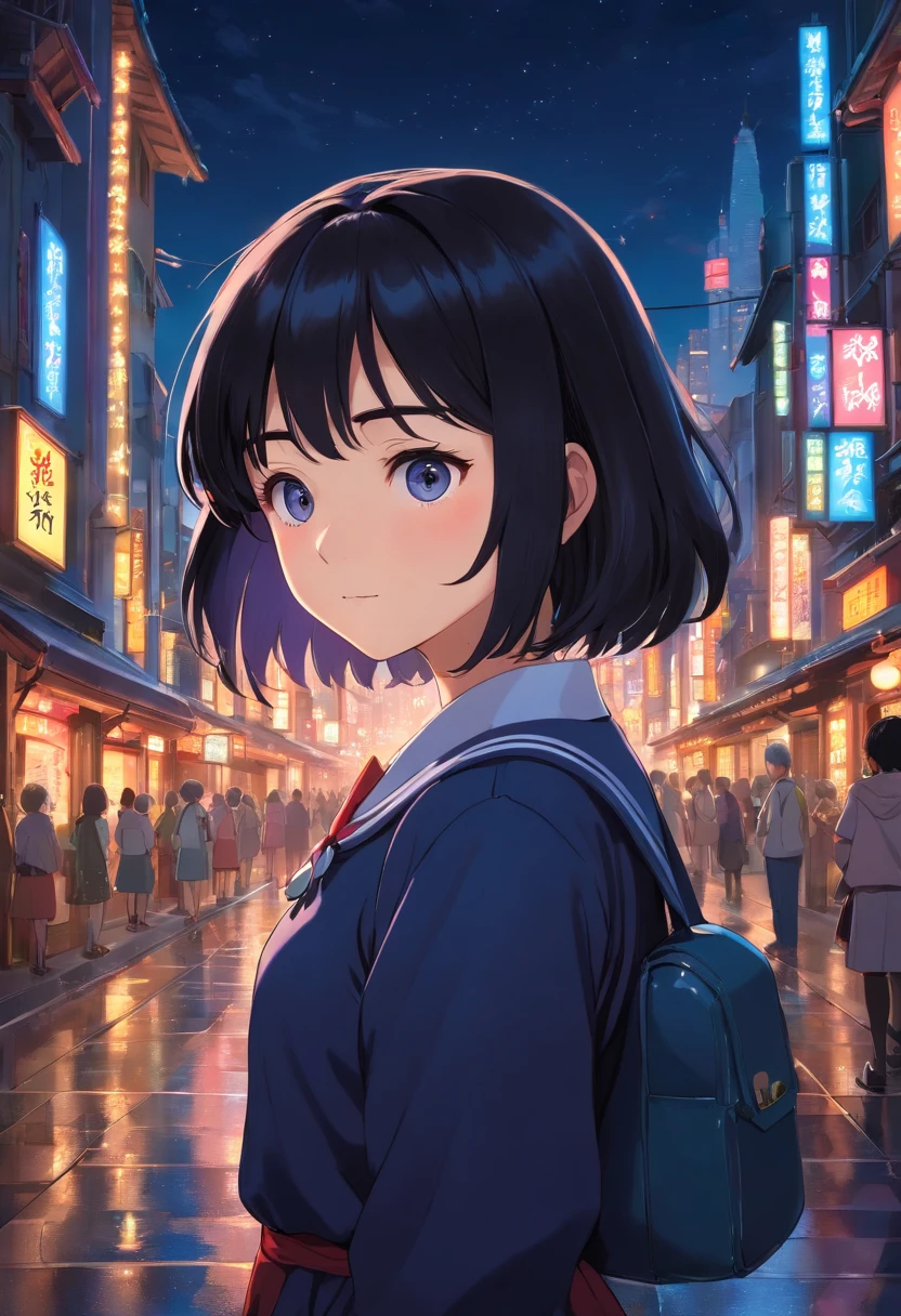(extremely detailed CG portrait, masterpiece:1.2, best quality:1.1), black hair, pretty school uniform, detailed eyes and face, long eyelashes, black eyes, night view, city lights, dark background, full body, Freya JKT48