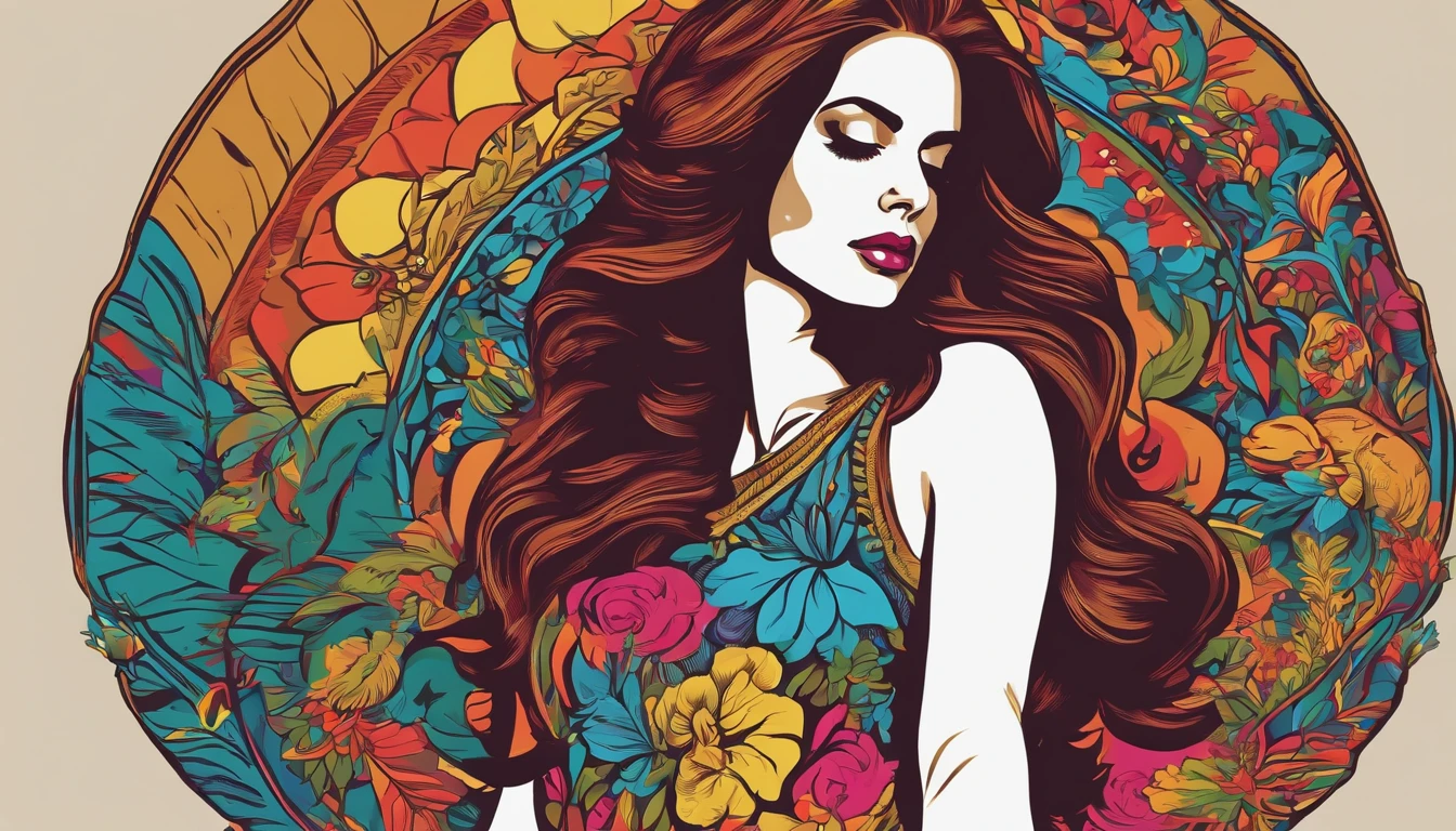 Ready-to-print vector t-shirt art colorful doodle illustration singer Lana Del Rey, Full body, action SHOT, Vibrant colors, high detailing