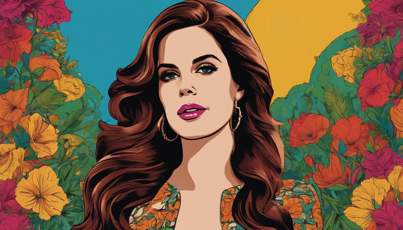 Ready-to-print vector t-shirt art colorful doodle illustration singer Lana Del Rey, Full body, action SHOT, Vibrant colors, high detailing