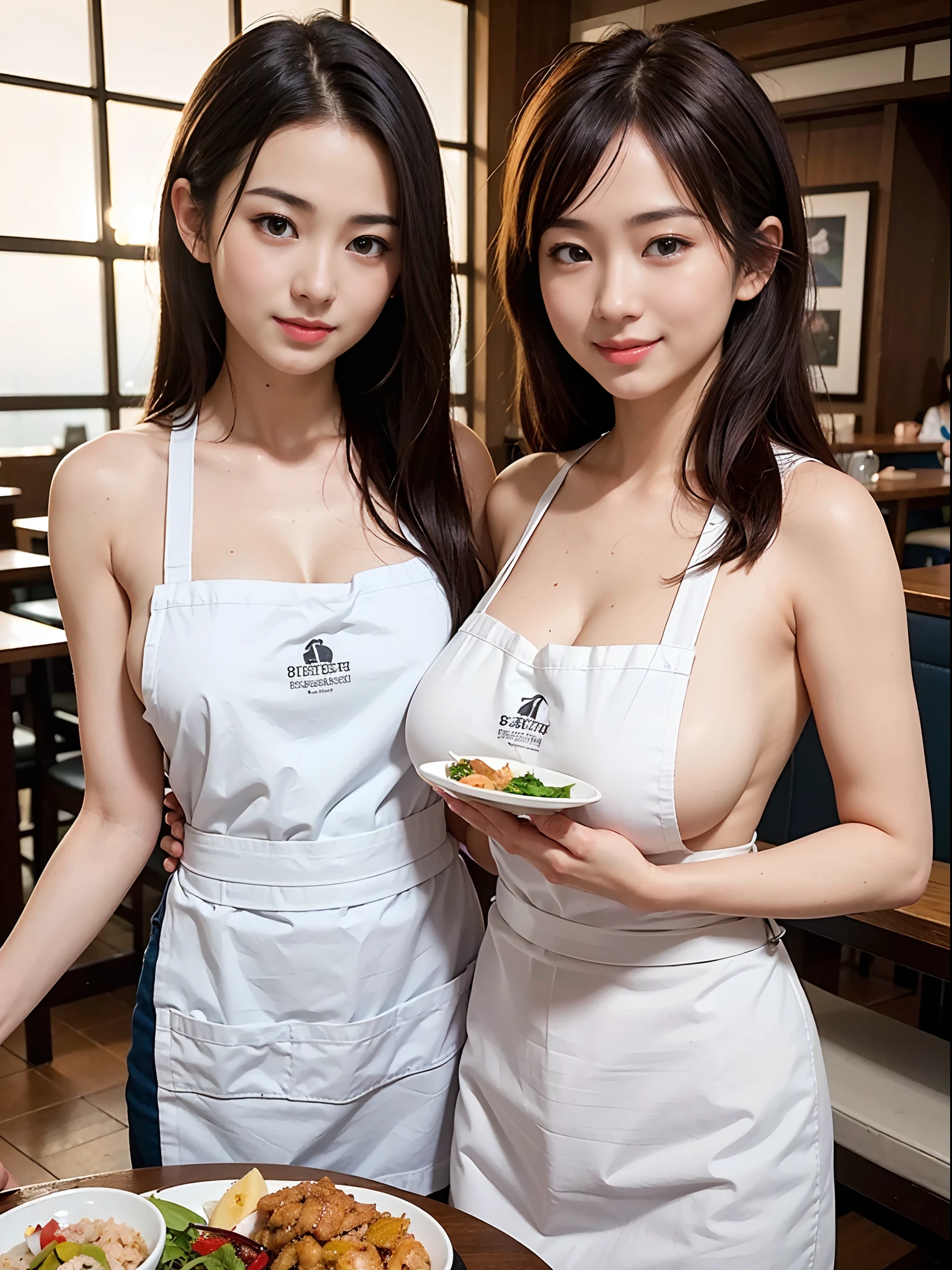 (Best quality, 8k, Masterpiece, realistic photo:1.3), , (2 girls, pretty Japanese girl with perfect figure), (huge breasts), (wearing nude_kitchen_apron:1.3), long hair, smile, Highly detailed face and skin texture, Detailed eyes, Double eyelid, (naked), (restaurant, crowd:1.3), (carrying dishes on plate:1.2)
