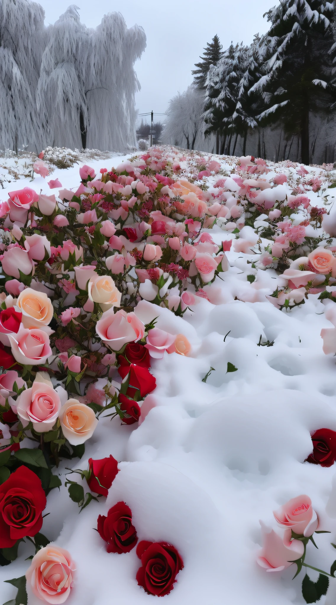 Roses are covered in snow in the snow, with frozen flowers around her, Rose garden, rosette, beautiful aesthetic, an aesthetic field of flowers, Beautiful and aesthetic, Really beautiful nature, rosses, Unbelievably beautiful, Cold but beautiful, Beautiful composition, Incredibly beautiful, beutifull, there's flowers everywhere, with snow covered colourful red, Beautiful image