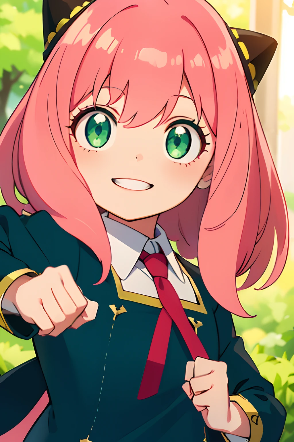 1girl in、hight resolution、masterpiece、(Anya\(SPYXFamily\))、Shining green eyes、Pink hair、hair adornments、School uniform、Show your teeth and smile、martial art pose、Clasping one hand、Unleash a punch with one arm