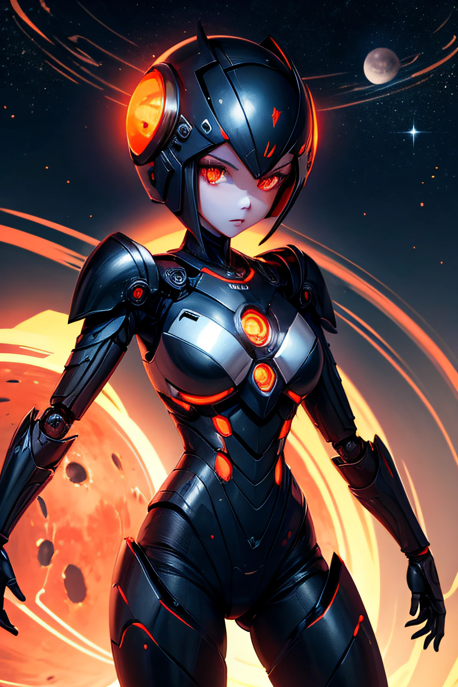 Female robot, metal body, metal head, black helmet, orange moon in the sky, night lights, distant planets, black and red armor