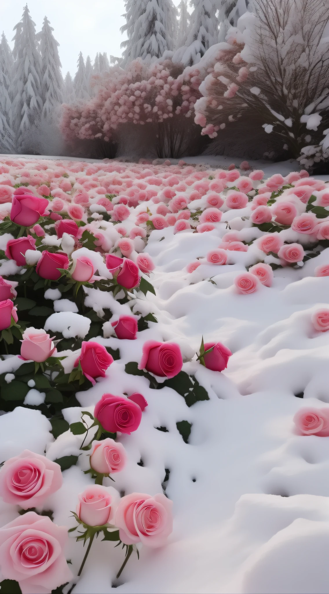 There are many pink roses in the snowy fields, Really beautiful nature, with frozen flowers around her, 480p, 4 8 0 p, Beautiful nature, Beautiful flowers, Rose garden, rosette, soft light 4 k in pink, beautiful flowers growing, exploding roses, flowers exploding and spraying, Unbelievably beautiful, beautiful composition 3 - d 4 k