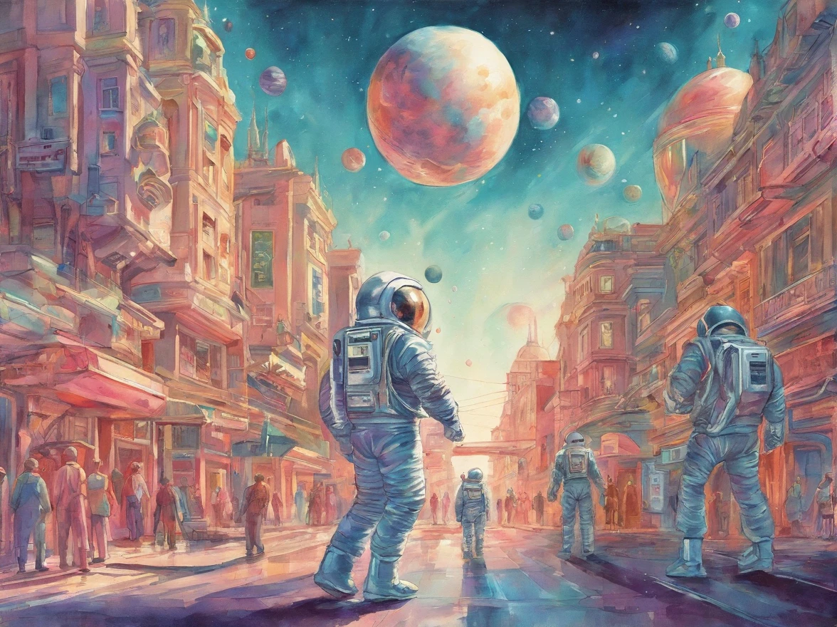 Watercolor image of astronauts standing in miniature town, He walked down a street in the center of town, The background sky is Earth and smaller planets, With a sci-fi theme, In the style of Vicente Romero