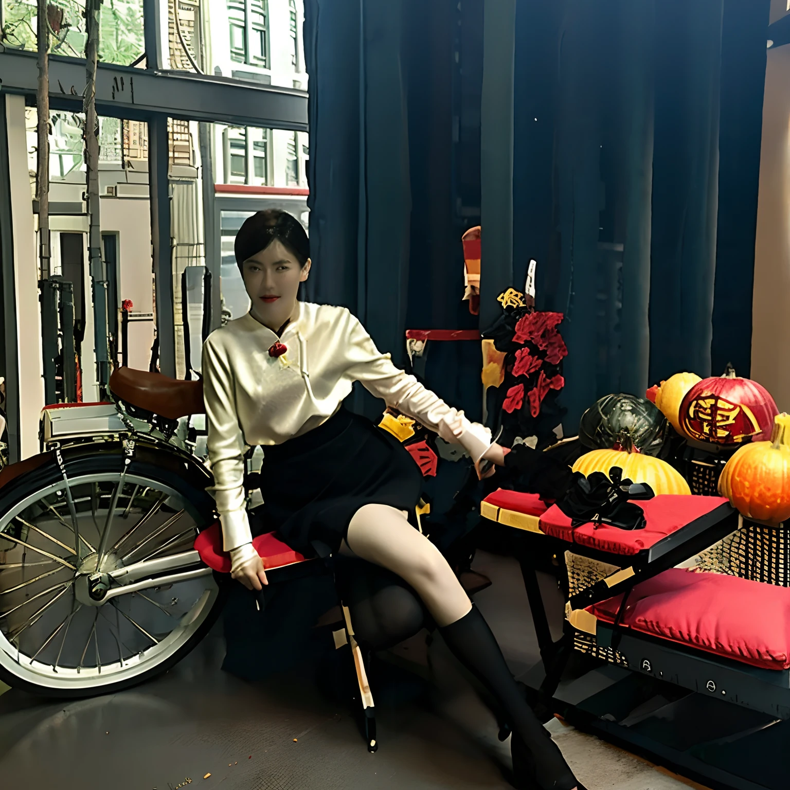 Taikoo Li Scenic Street, Chengdu,Tall women,pleatedskirt,blackstockings,3cm black and red color-block heels,cabelos preto e longos,Sugar gourd in hand