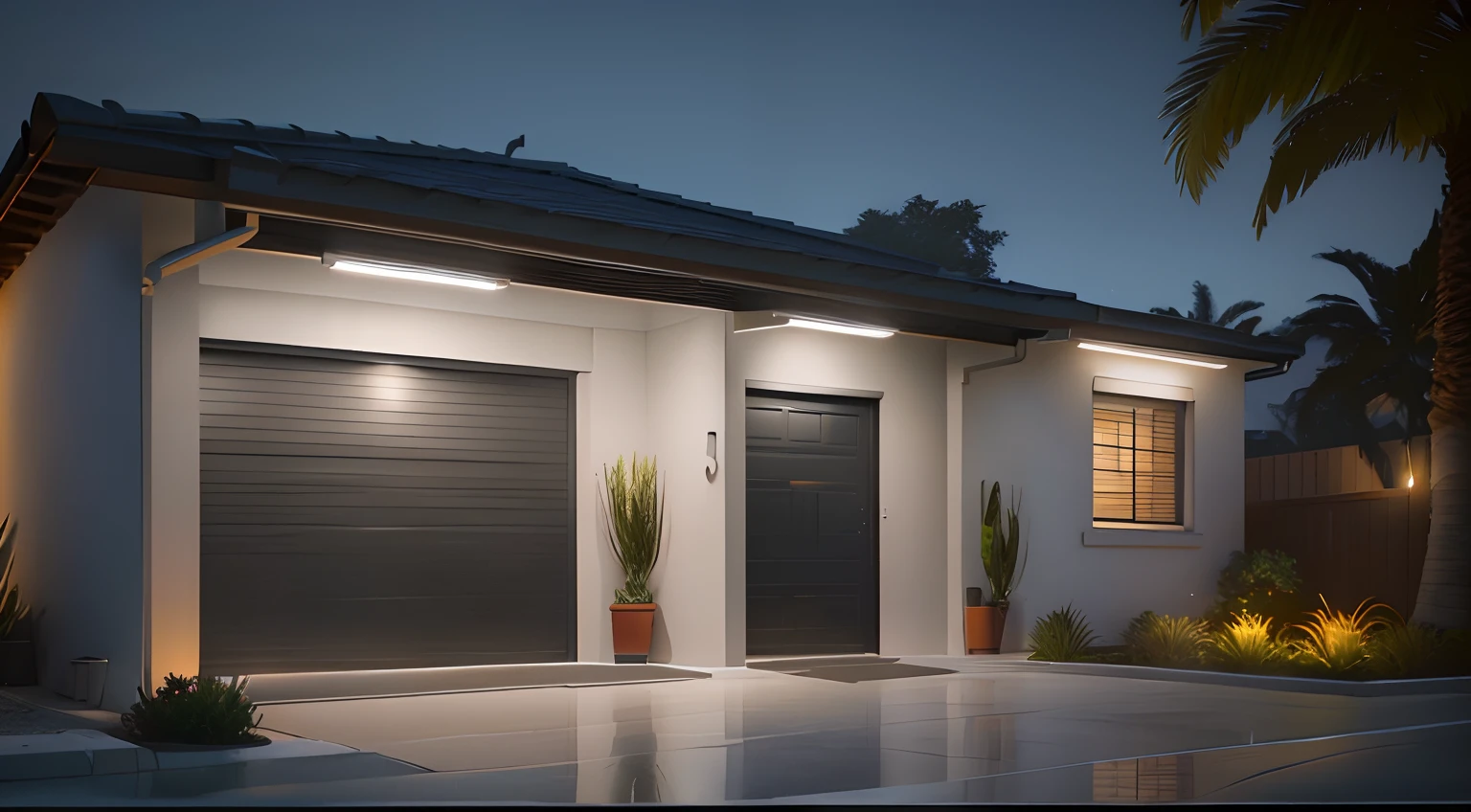 There is a garage door and a plant in the front yard, render 3d bem iluminado, night time render, cinematic outdoor lighting, 3 d render mesmo aceso, cinematic night lighting, with photorealistic lighting, dramatic lighting render, em frente a uma garagem, lighting dramatic, ambient lighting at night, dynamic and atmospheric lighting, night ligthning, cinematic accent lighting