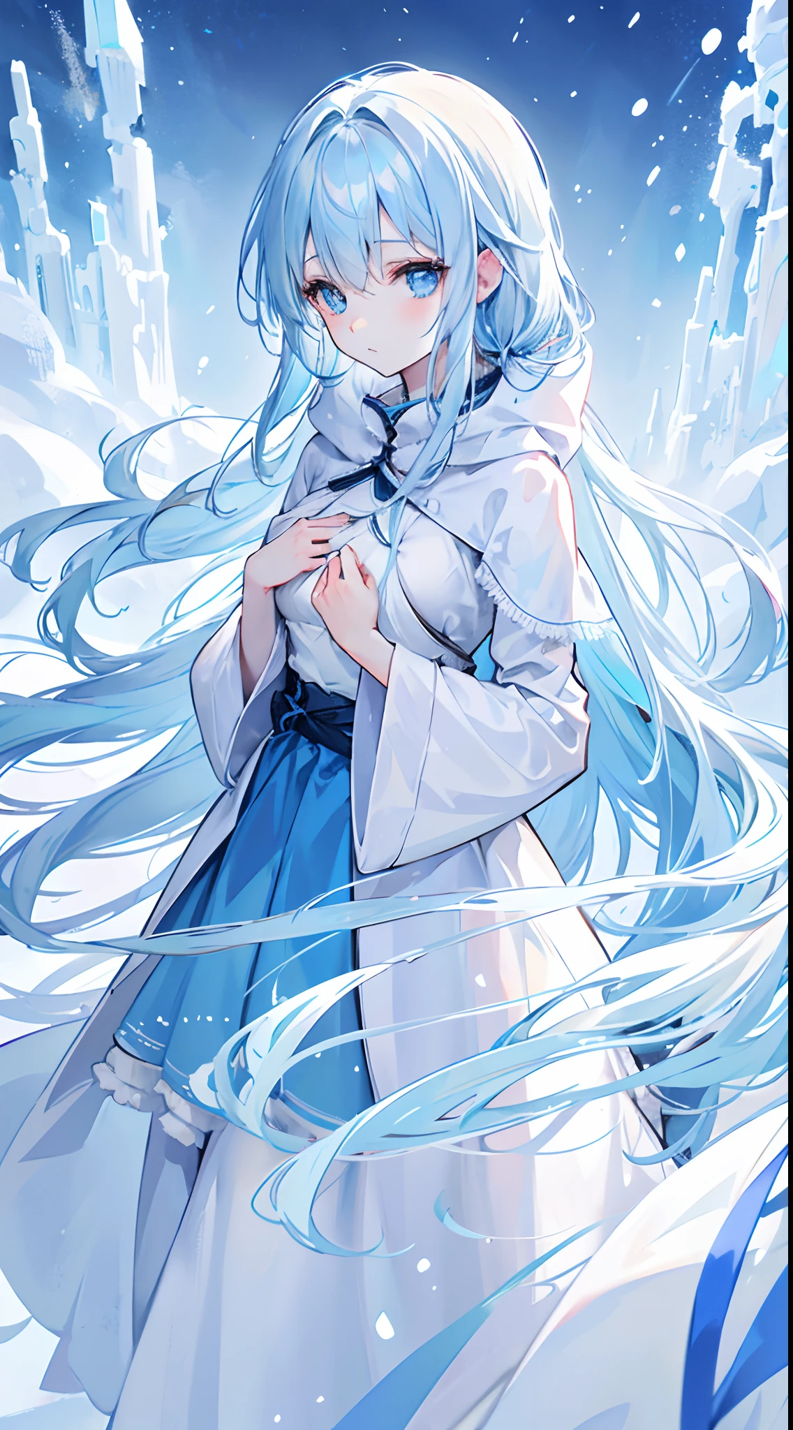 Long light blue hair that reaches the waist,Light blue eyes,Frozen,girl,Looking desperately at the sky,Rest your hands on your chest,Big leakage,Wear very little cloth,Winters,In the snow,