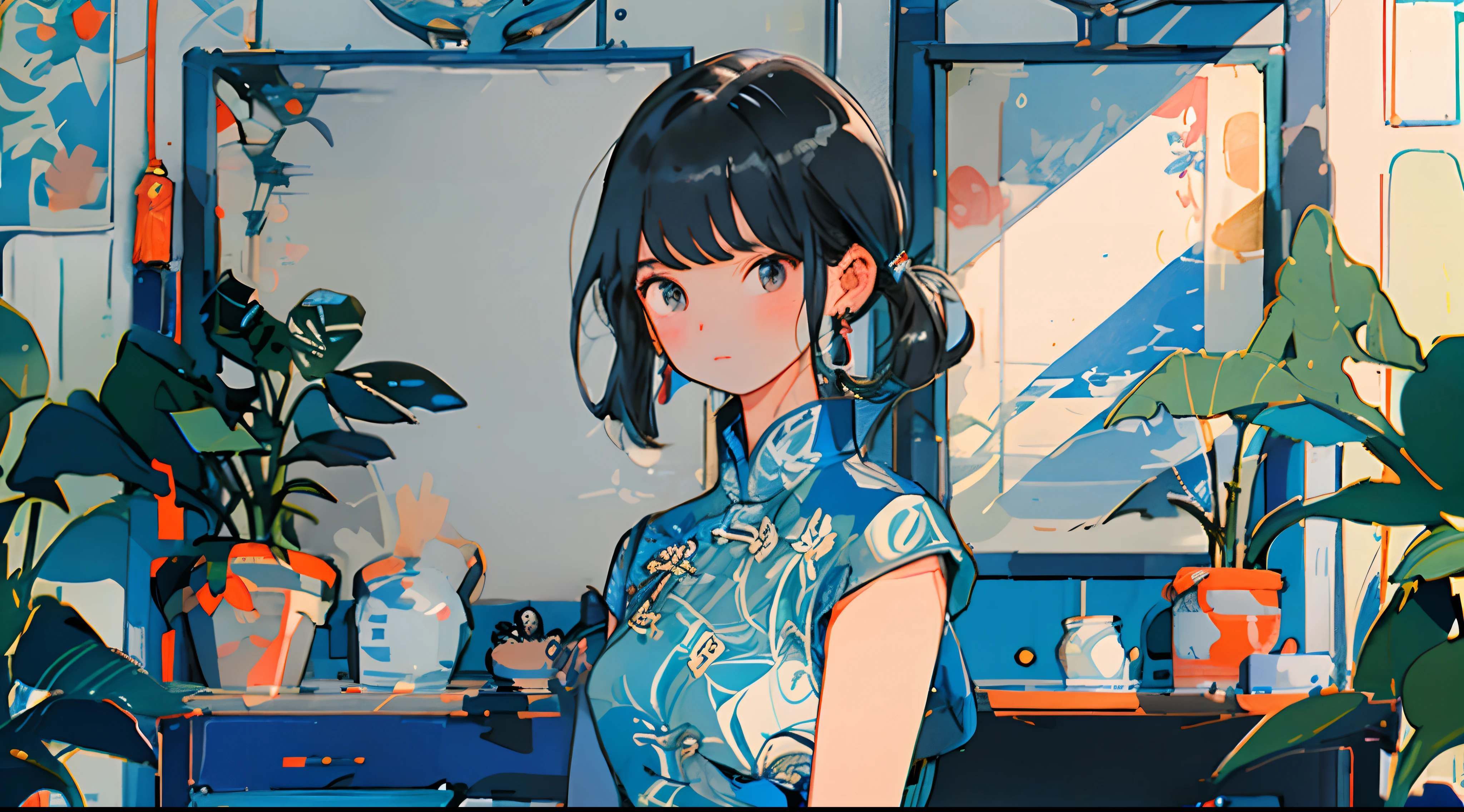 1girll, a plant, 独奏, jewely, 耳Nipple Ring, Plants in pots, brunette color hair, shift dresses, looking at viewert, short- sleeved, By bangs, Blushlush, with brown eye, Estampados florales, inside in room, bangle, standing on your feet, shelf, short detailed hair, hair adornments, Printed dress, nail polish, a blue dress, mid hair, pigtails, Keep one's mouth shut, beachside