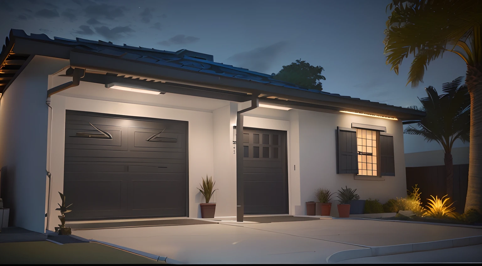 There is a garage door and a plant in the front yard, render 3d bem iluminado, night time render, cinematic outdoor lighting, 3 d render mesmo aceso, cinematic night lighting, with photorealistic lighting, dramatic lighting render, em frente a uma garagem, lighting dramatic, ambient lighting at night, dynamic and atmospheric lighting, night ligthning, cinematic accent lighting