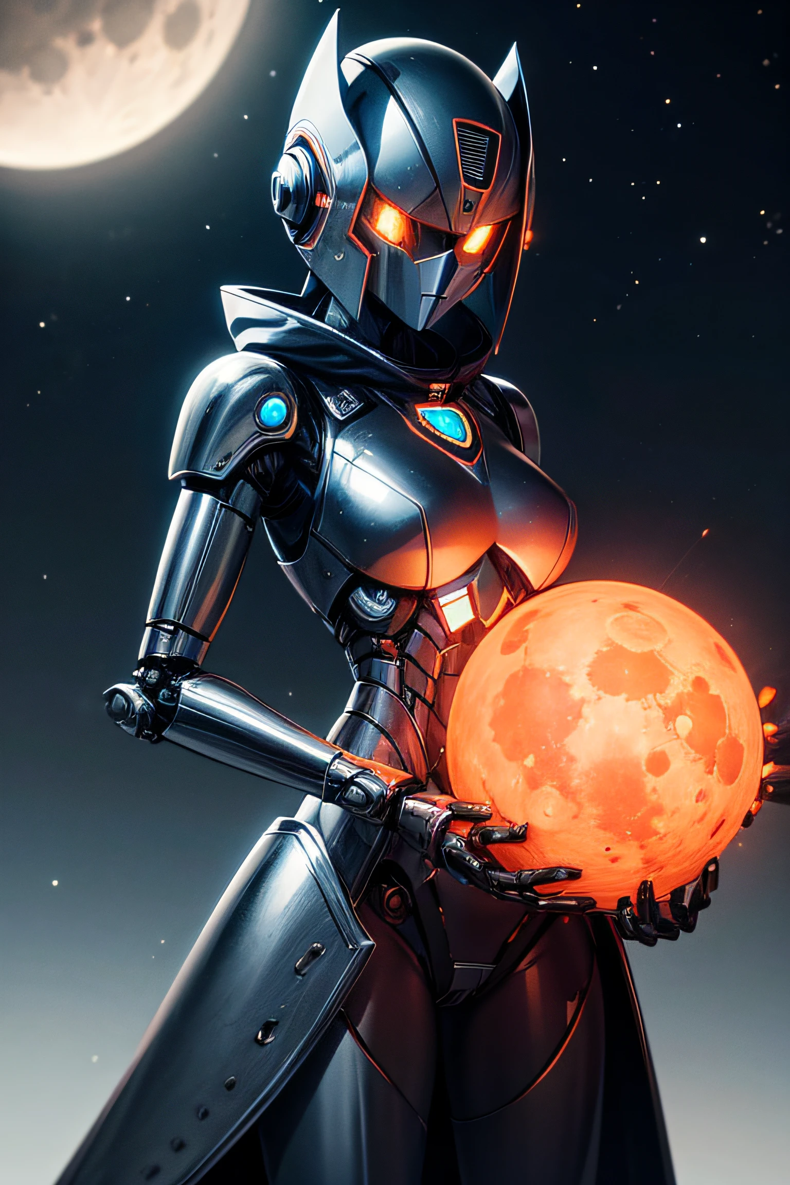 Female robot, metal body, metal head, black helmet, orange moon in the sky, night lights, distant planets, vagina