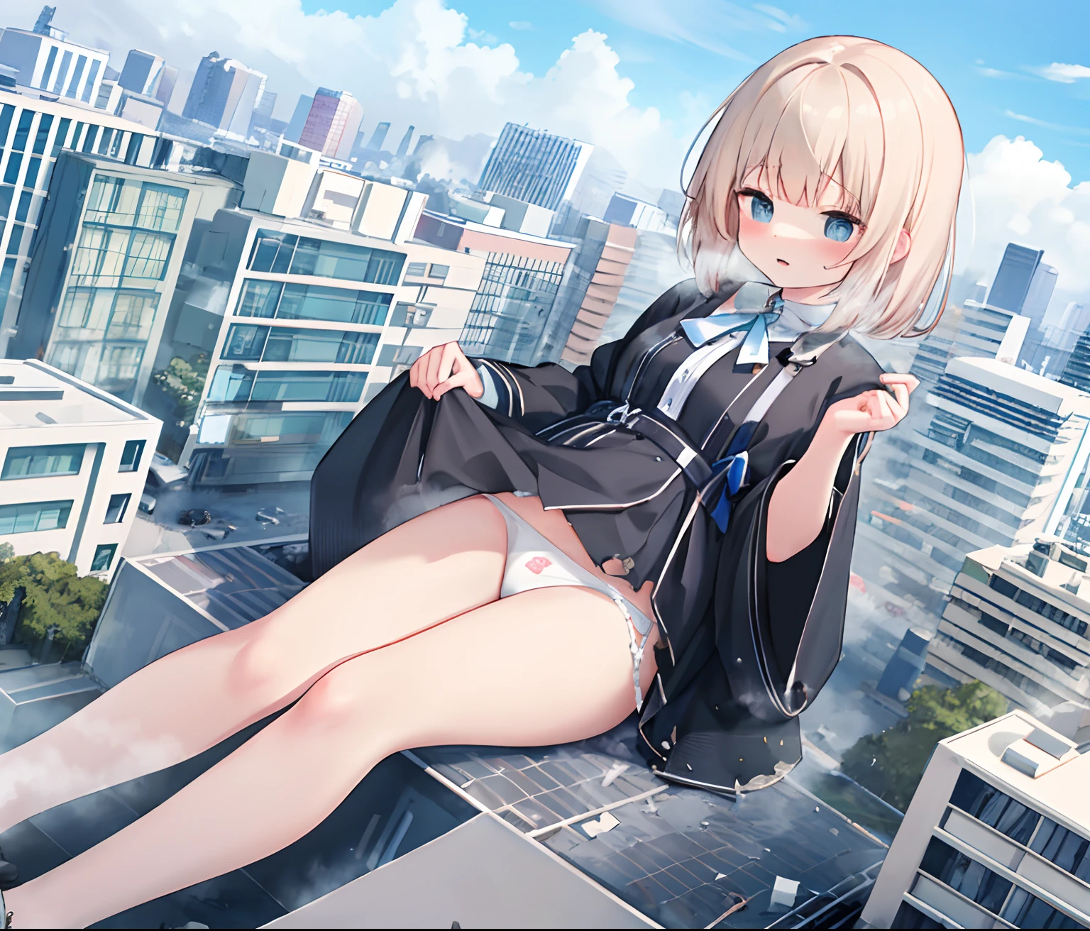 NSFW，Clouds， Masterpiece, Best quality, Highly detailed,Masterpiece,Best quality,offcial art,Extremely detailed Cg Unity 8K wallpaper，{{{Giantess}}}，Giant，1girll，Sit on the groundd，Press the car against the panties，modern miniature city，Destroyed buildings，Destroyed pavement，A cold expression，Located in a modern miniature city ，white  panties，Panties emit steam，