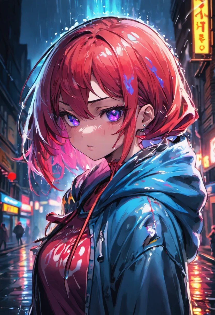 (best quality,4k,highres,masterpiece:1.2), ultra-detailed, realistic:1.37, close-up photo, confident young woman with colorful hair, hoodie with red and blue design, rain-soaked street at night, dark background, bright shining eyes, angry face, streetlight, wet pavement, neon reflections, vibrant colors, intense expression, water droplets on the face, urban atmosphere