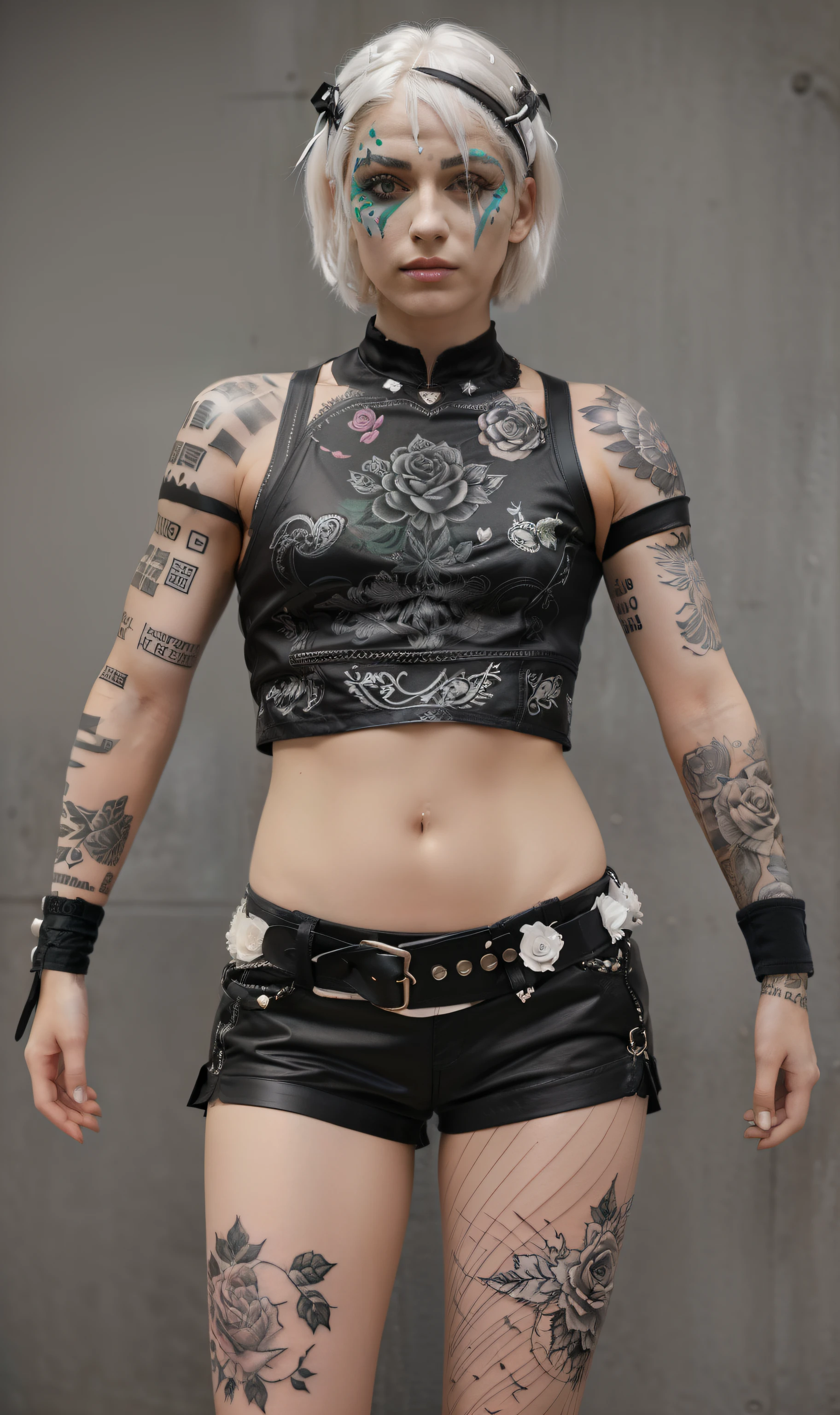 A woman with white hair and a shoulder-length haircut and shaved on the right side and green face paint, porte une tenue de catch noire et des motifs roses et blanche, porte un collant de catch en cuir noir et un soutien-gorge en cuir noire aux motifs roses et blanches, porte des tatouages aux bras, au corps et aux jambes, Style gothique, hyper detailed, Detailed accessories, Detailed Tattoo ,detailed body