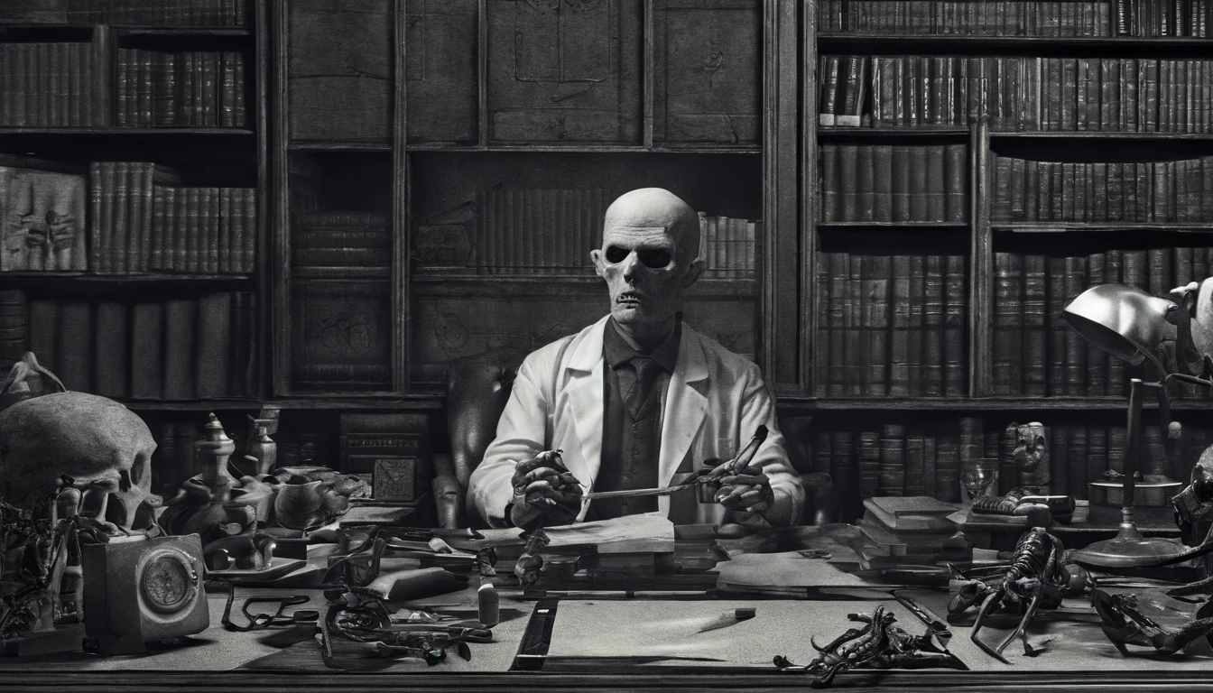 A Photograph that captures the essence of a dedicated doctor lost in deep contemplation at his cluttered desk. Render the scene with meticulous attention to realistic and intricate details, showcasing the doctor's expressions and the meticulous arrangement of medical tools.