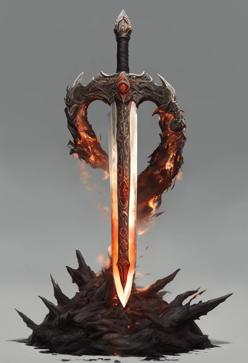 A large sword made of obsidian，Black and gold color scheme，The inside of the sword contains a roaring flame，Cracks appeared on the body, as if to tear the sword body apart，The sword body is full of flames，Magma rolling nearby，There is no human type，Only weapons, as well as the environment ，Highlight flame with magma。Emphasis on no characters, emphasis on no living things, emphasis on rifts