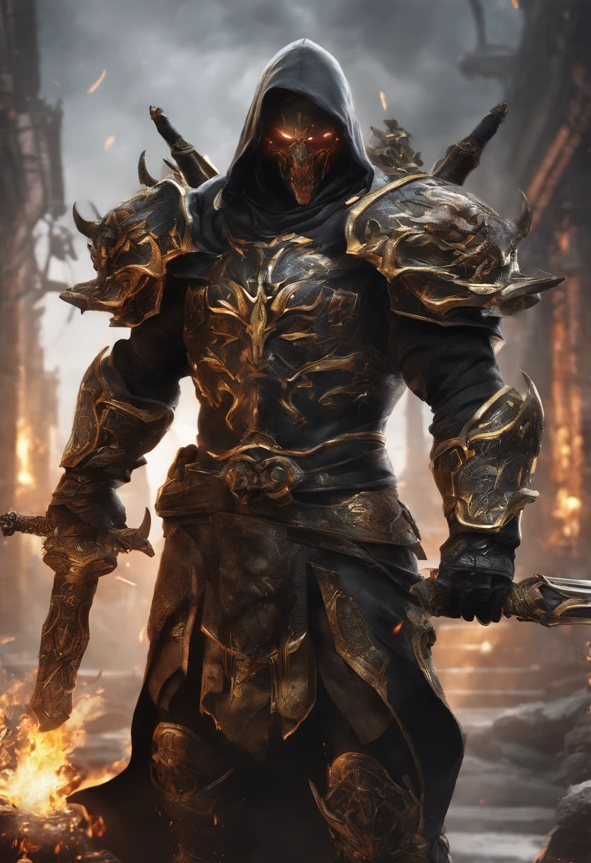 A large sword made of obsidian,Black and gold color scheme,The inside of the sword contains a roaring flame,Cracks appeared on the body, as if to tear the sword body apart,The sword body is full of flames,Magma rolling nearby,There is no human type,Only weapons, as well as the environment ,Highlight flame with magma。Emphasis on no characters, emphasis on no living things, emphasis on rifts