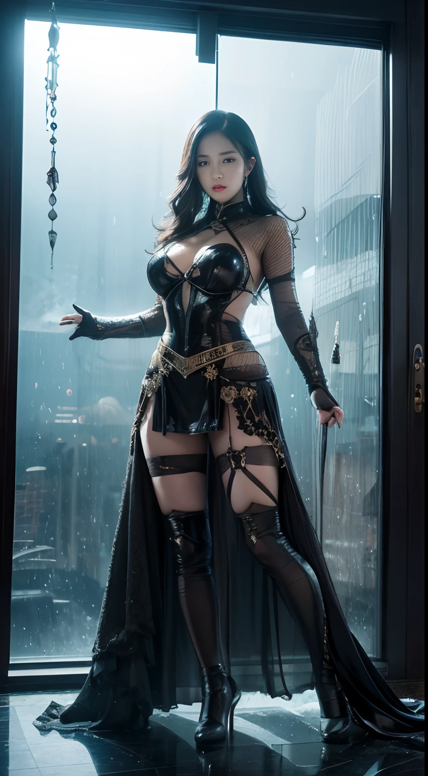 Realistic, 35mm, Intricate details, hdr, Intricate details, Highly detailed, Natural skin texture, Real, Sharp, 1 girl, Chinese, Blush, Black eyes, Fine black hair, full body, detailed background, detailed face, (1nf3rnalAI  , hell theme: 1.1), strong expression, dynamic pose, glass robot, (made of glass: 1.1), translucent, glass structure, warrior, glass shield, dirty glass, machine, power, magic symbol, mysterious power, floating particles  , reflections, wind, background storm, movie atmosphere,