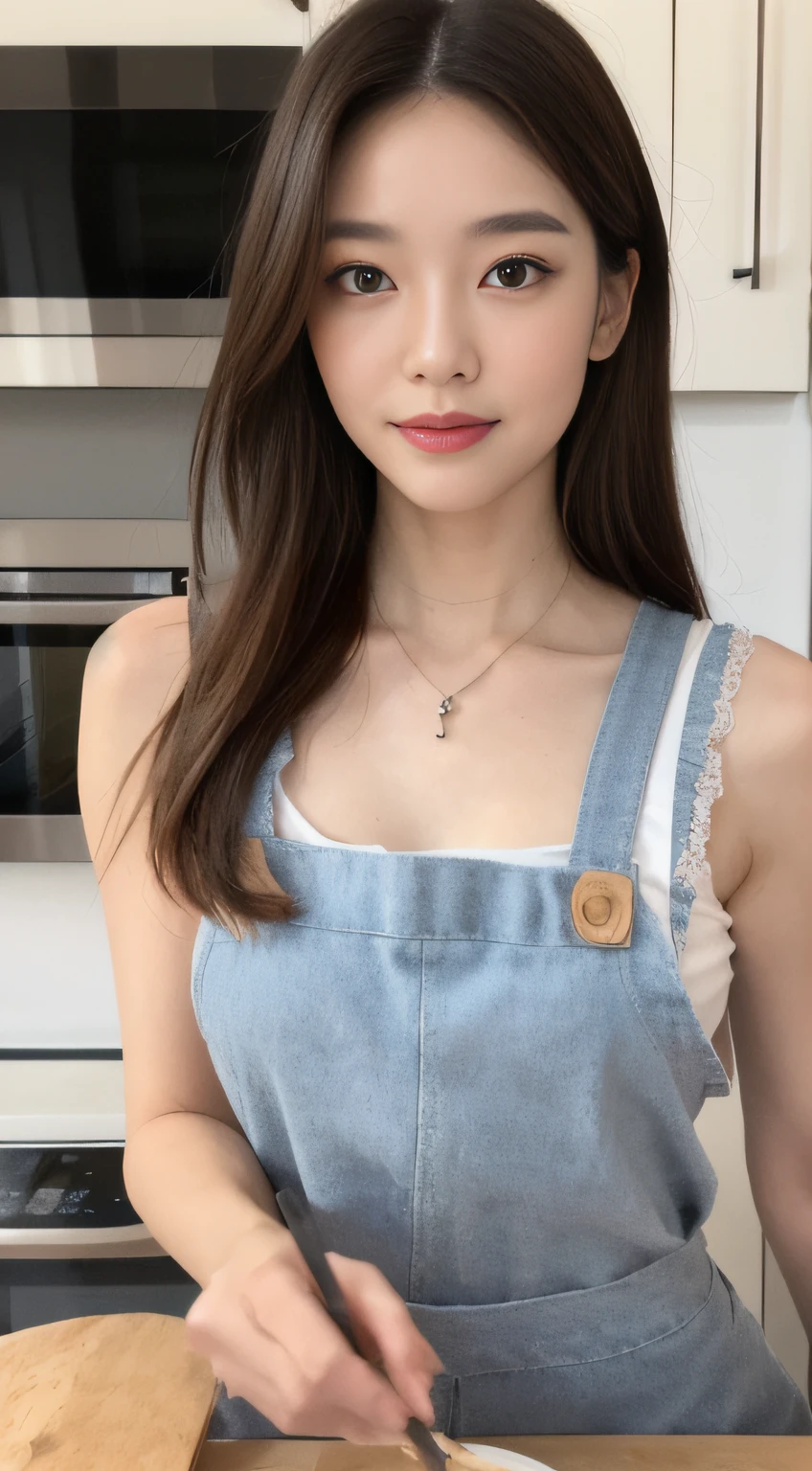 (Best quality, 8k, masterpiece: 1.3), a beautiful woman with perfect figure: 1.2, dark brown hair, wearing a pendant, wearing an apron, in the kitchen, highly detailed face and skin, detailed eyes, double eyelids,