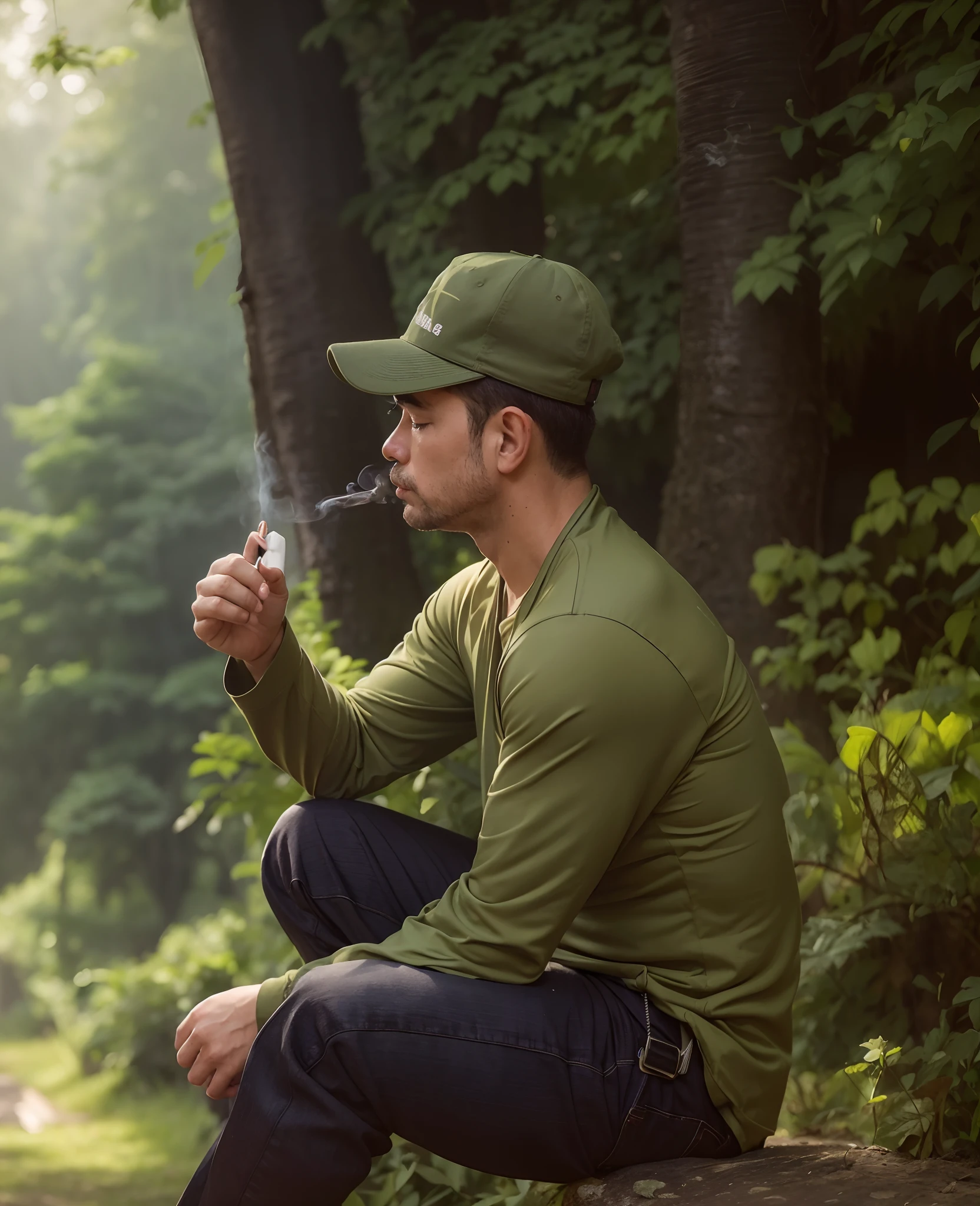 there is a man sitting on a bench eating a banana, amidst nature, in front of a forest background, sitting in the forrest, looking majestic in forest, profile pose, thoughtful pose, in forest jungle, lost in thought, taking a smoke break, in jungle forest, thinking pose, smoking a cigarette in the field, in jungle, sitting near a river