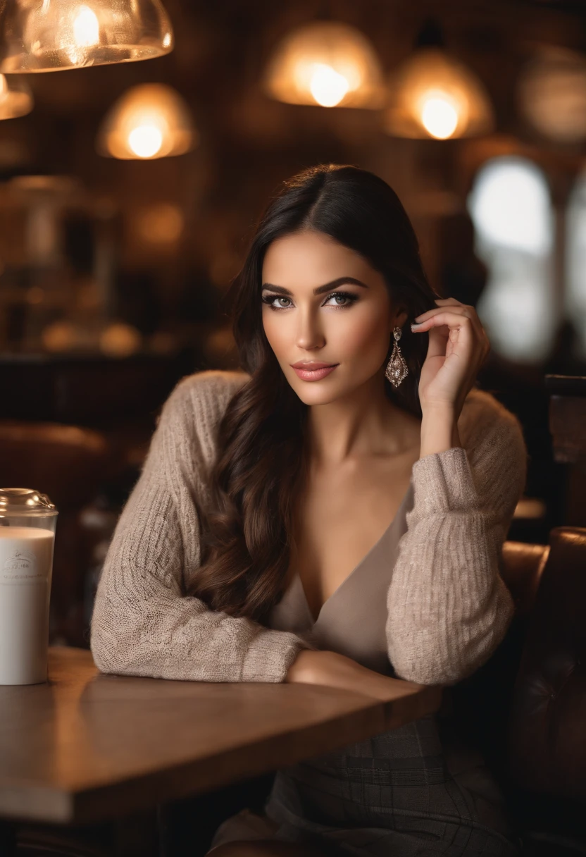 (sharp focus: 1.2), photo (full body) (American flat), attractive 25-year-old, reading menu, sitting in Parisian coffee shop, (beautiful face: 1.1), detailed light brown eyes, delicious lips, (eye makeup: 0.85), (medium breasts: 1.0), (firm body: 1.2), (soft long black hair: 1.2), (long bangs:1.1),wearing (miniskirt) plaid miniskirt, (oversize sweater), (moderate lighting: 1.2), depth of field, bokeh, 4K, HDR. Miss Universe, cover photo. ((skin with small spots and wrinkles), , (moody lighting: 1.2), depth of field, bokeh, 4K, HDR