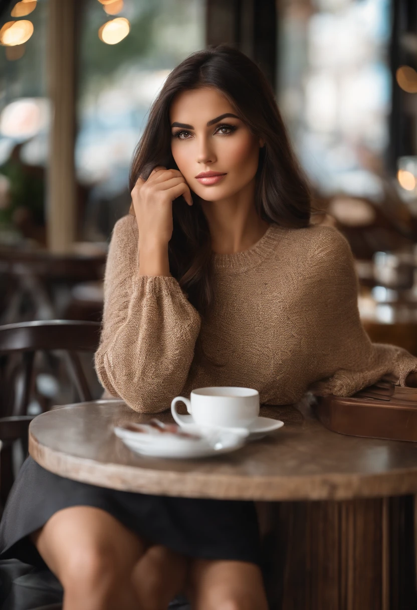 (sharp focus: 1.2), photo (full body) (American flat), attractive 25-year-old, reading menu, sitting in Parisian coffee shop, (beautiful face: 1.1), detailed light brown eyes, delicious lips, (eye makeup: 0.85), (medium breasts: 1.0), (firm body: 1.2), (soft long black hair: 1.2), (long bangs:1.1),wearing (miniskirt) plaid miniskirt, (oversize sweater), (moderate lighting: 1.2), depth of field, bokeh, 4K, HDR. Miss Universe, cover photo. ((skin with small spots and wrinkles), , (moody lighting: 1.2), depth of field, bokeh, 4K, HDR