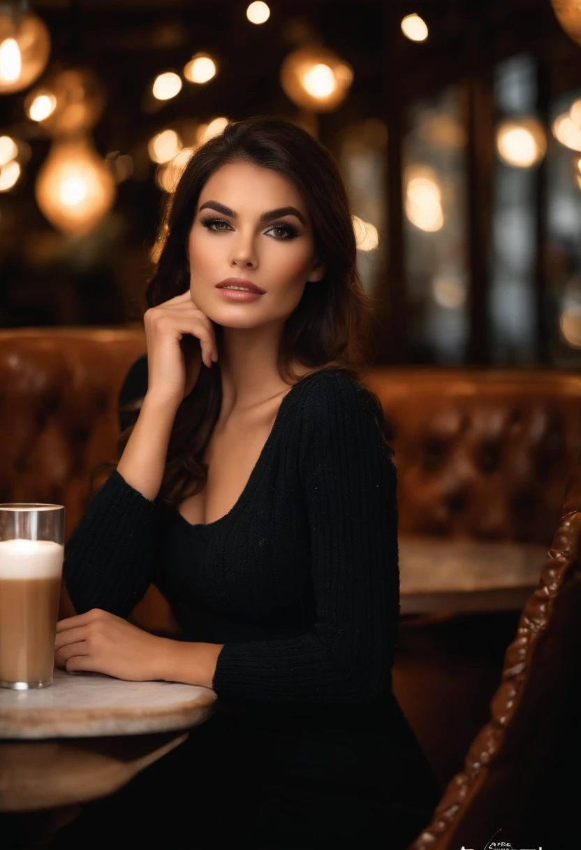 Femme aux vêtements noirs, fille sexy aux yeux bruns, cheveux bruns et grands yeux, Selfie d’une jeune femme, maquillage naturel, Regarder directement la caméra, Superbe photo du corps entier, au restaurant, belle poitrine