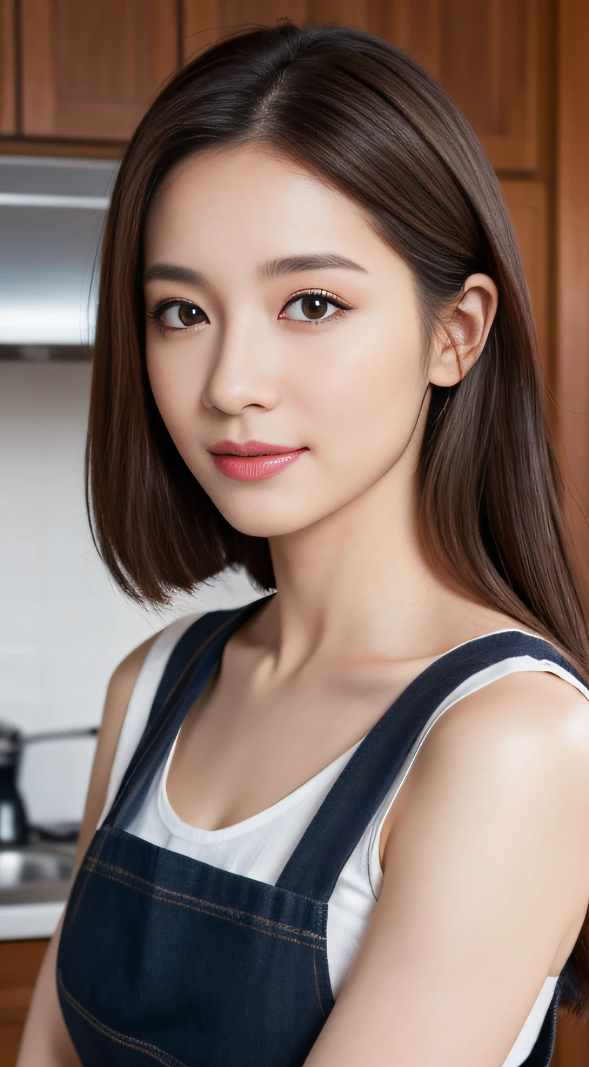 (Best quality, 8k, masterpiece: 1.3), a beautiful woman with perfect figure: 1.2, dark brown hair, wearing a pendant, wearing an apron, in the kitchen, highly detailed face and skin, detailed eyes, double eyelids,