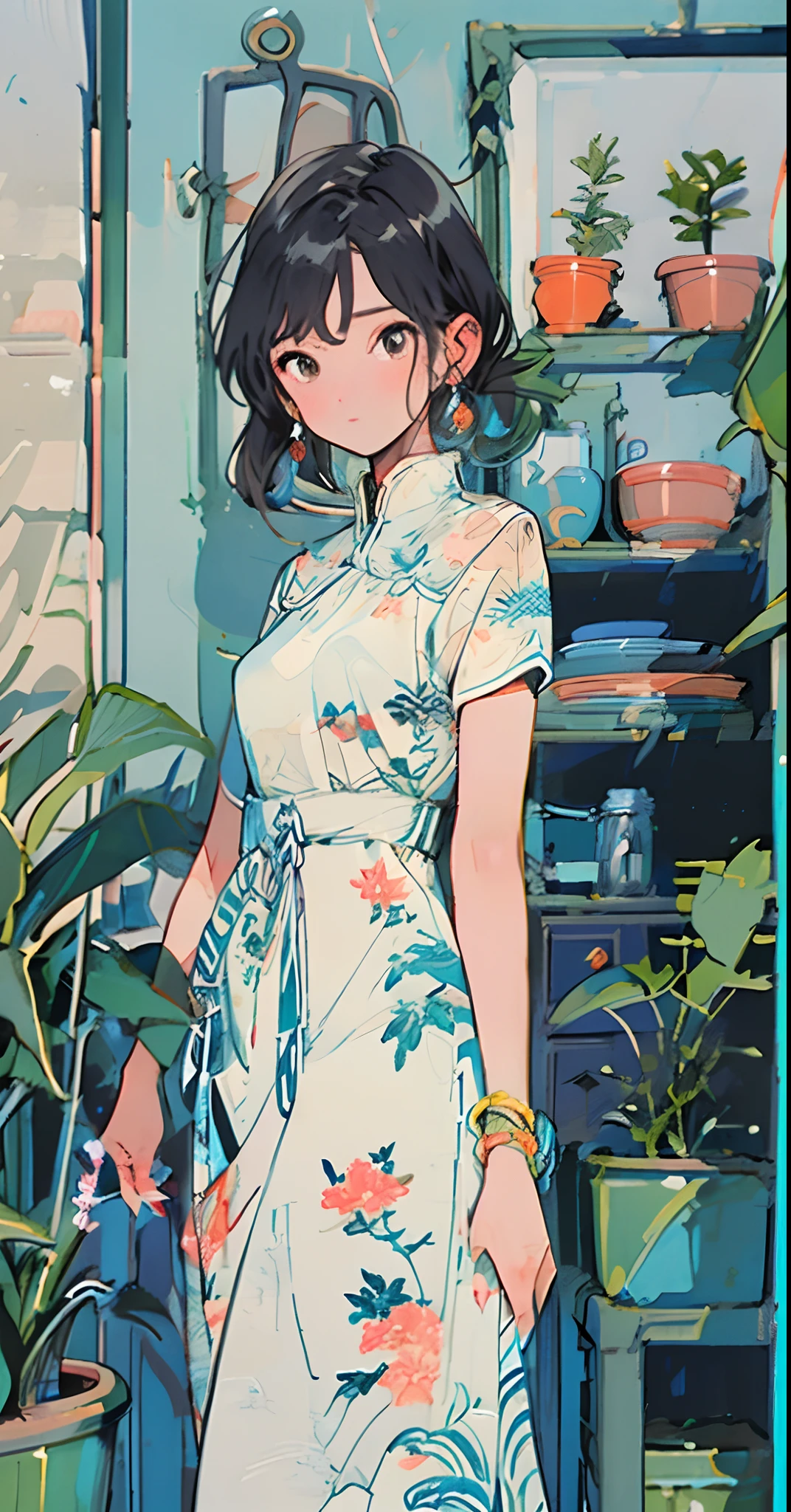 1girll, a plant, 独奏, jewely, 耳Nipple Ring, Plants in pots, brunette color hair, shift dresses, looking at viewert, short- sleeved, By bangs, Blushlush, with brown eye, Estampados florales, inside in room, bangle, standing on your feet, shelf, short detailed hair, hair adornments, Printed dress, nail polish, a blue dress, mid hair, pigtails, Chinese clothes, Keep one's mouth shut, Have by the sea