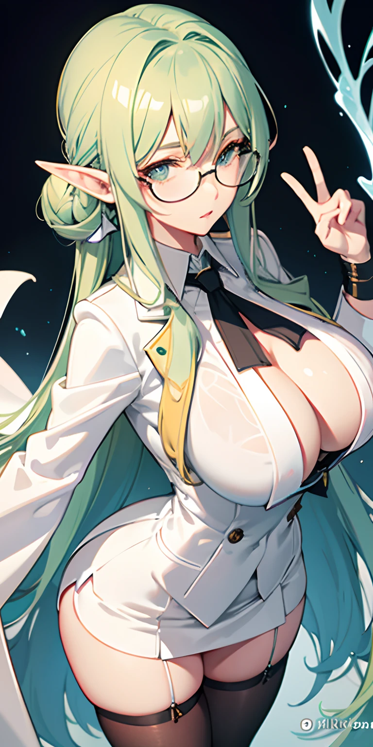 big tits, Detailed eyes, detailed face, perfect anatomy, perfect proportion, 1women, solo, closed clothes, elf, blonde green hair, hair tied, violet eyes, cool face, round glasses, white coat, black short skirt, white business suit, nectie, at laboratorium, half body,
