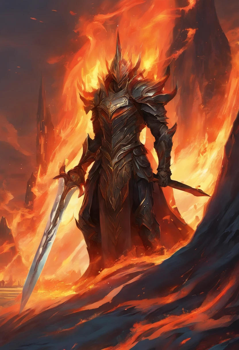 A man in armor holding a sword standing in front of a fire - SeaArt AI
