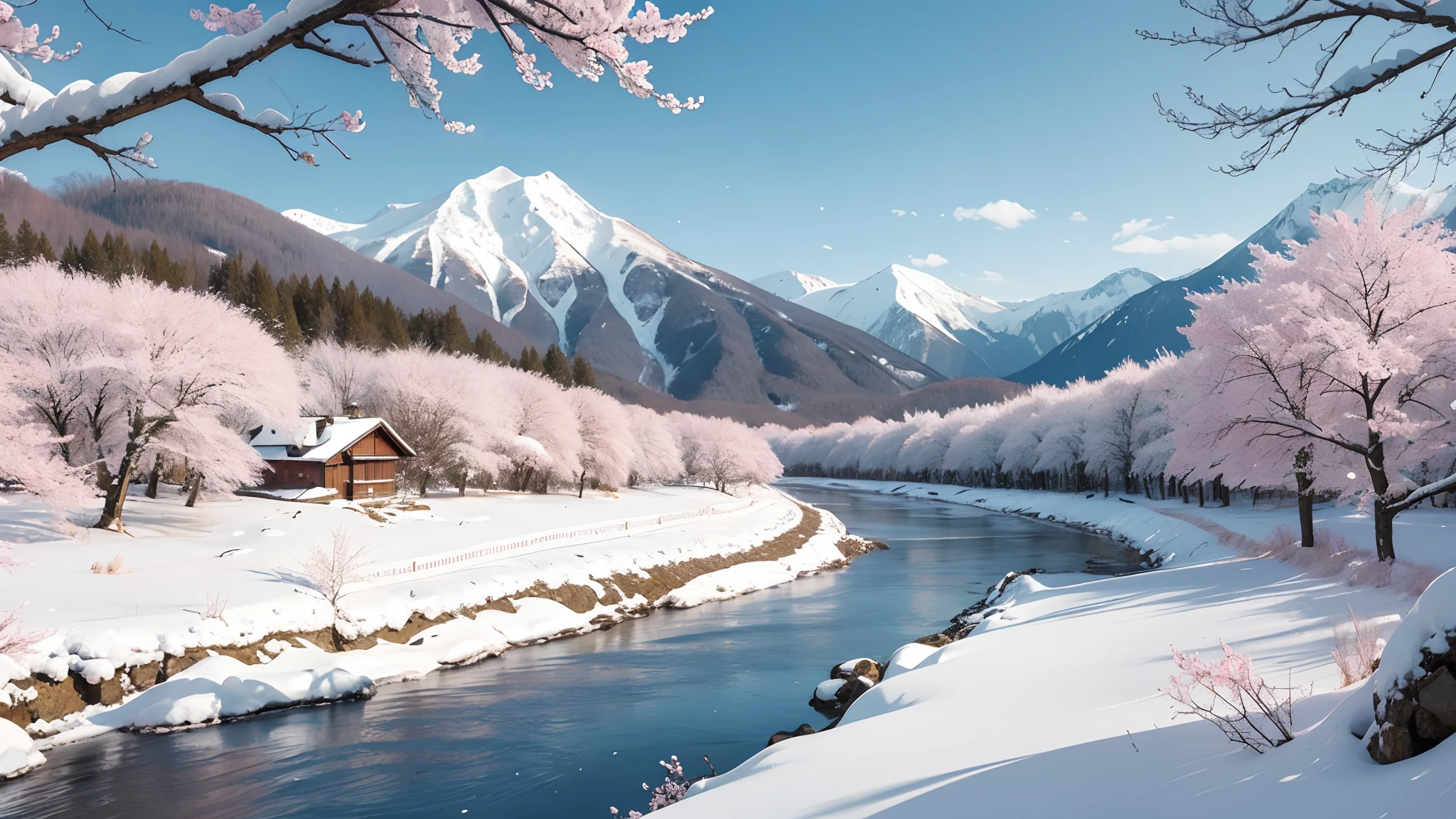 snowfield,Sloping river,house,Heavy snowfall,Pink cherry blossom tree,mountain in the distance