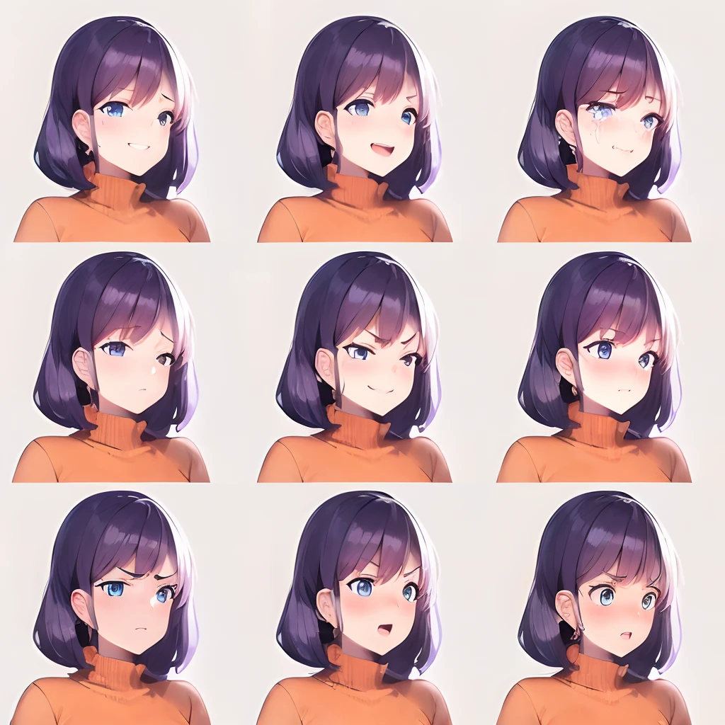 1girl,right three-quarter view,grey background,face expression sheet,same person,9 face expressions,grid,medium hair,(purple hair:1.4),blue eyes,smile,laughing,crying,tired,sly smirk,shy,grumpy,surprised,terrified,BREAK(orange sweater:1.4),best quality,masterpiece,highly detailed,super detailed,8k