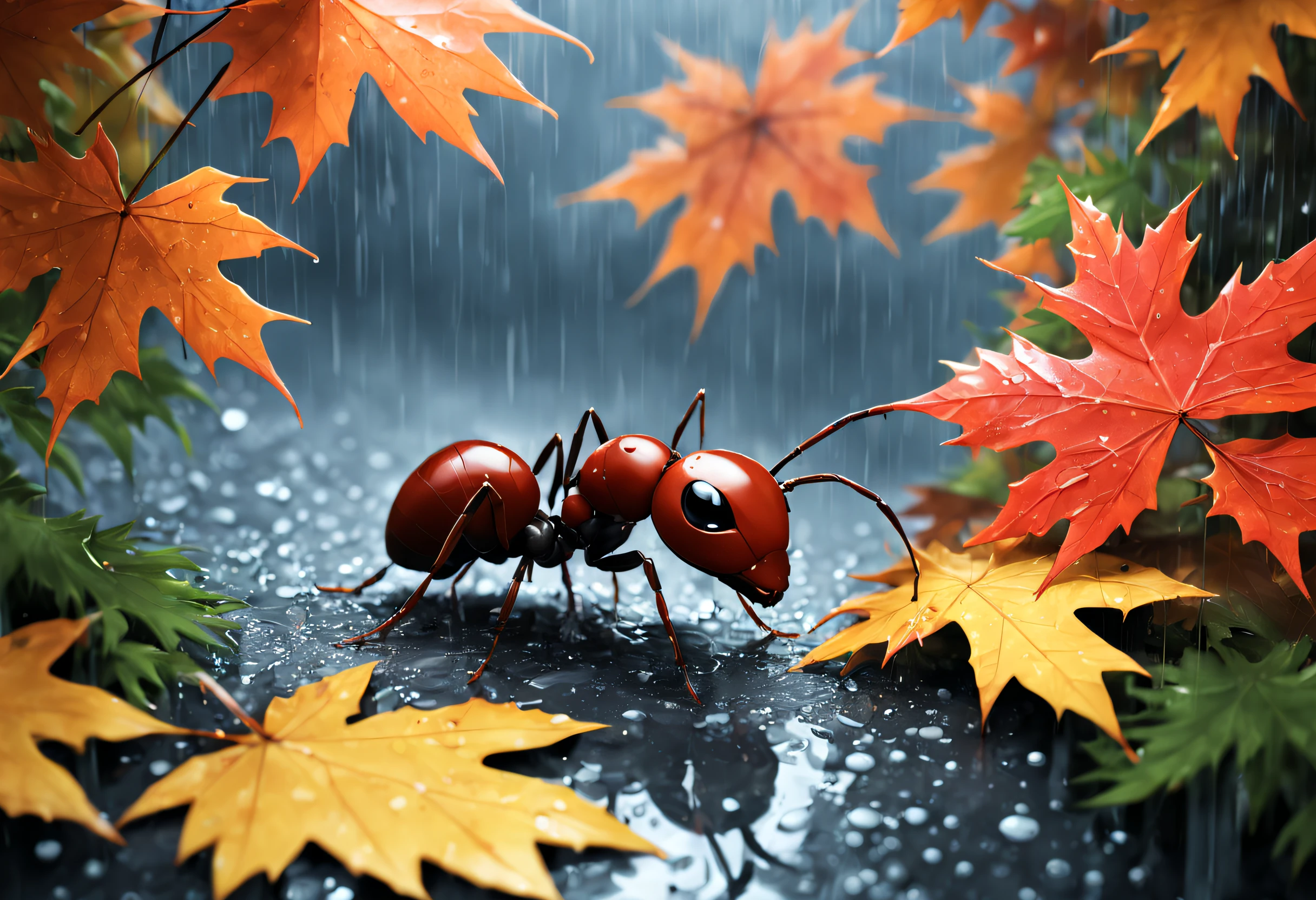 A cute ant takes shelter from the rain, under a maple leaf, depicts this scene in an anime style, with high focus and intricate details
