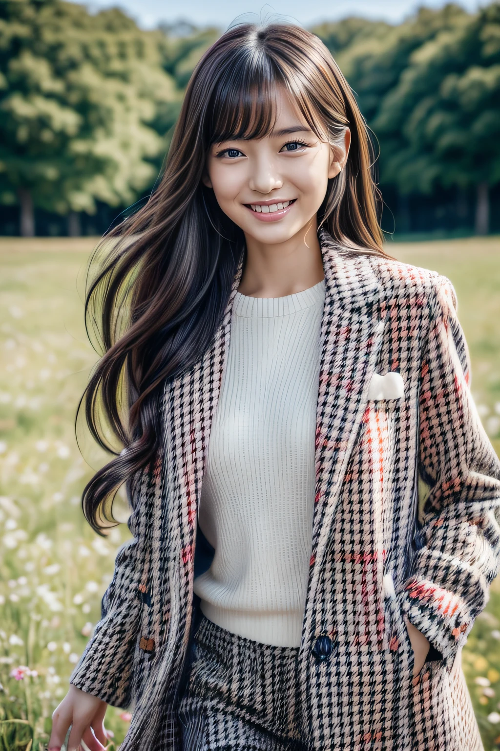 (Masterpiece:1.3), (8K), (Best Quality:1.4), (UHD:1.2), (Photorealistic:1.3),( Raw Photography), (1girl), (Ultra High Detailed), (Detailed face), very perfect beautiful and cute face, (Detailed hair), Beautiful hair, bangs, (symmetrical eyes:1.3), (Detailed eyes), (Detailed skin), Realistic skin, shiny skin, Ultra high definition, (medium breasts:0.7), (slim figure), (super model figure), gentle smile:1.2, (A very beautiful and cute young Japanese girl with a gentle expression),
( wearing a Red Houndstooth Coat :1.3 ),
cute young Japanese girl, pretty young Japanese girl, full body, Walking through a field of cosmos in full bloom
