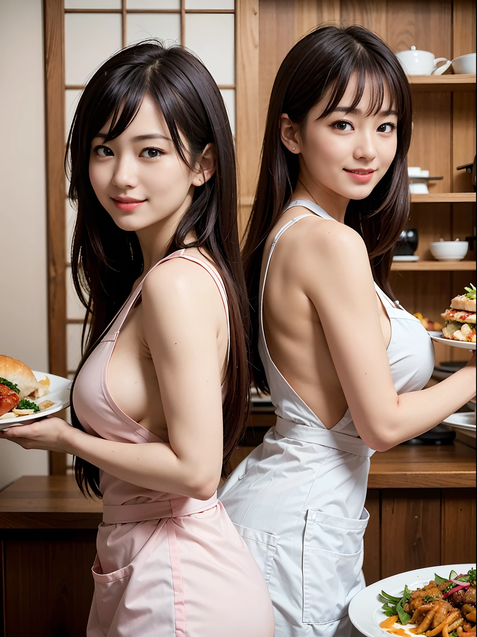 (Best quality, 8k, Masterpiece, realistic photo:1.3), , (2 girls, pretty Japanese girl with perfect figure), (huge breasts), (wearing nude_kitchen_apron:1.3), long hair, (smile), Highly detailed face and skin texture, Detailed eyes, Double eyelid, (naked), (restaurant, crowd:1.3), (carrying dishes on plate:1.2), (from side),