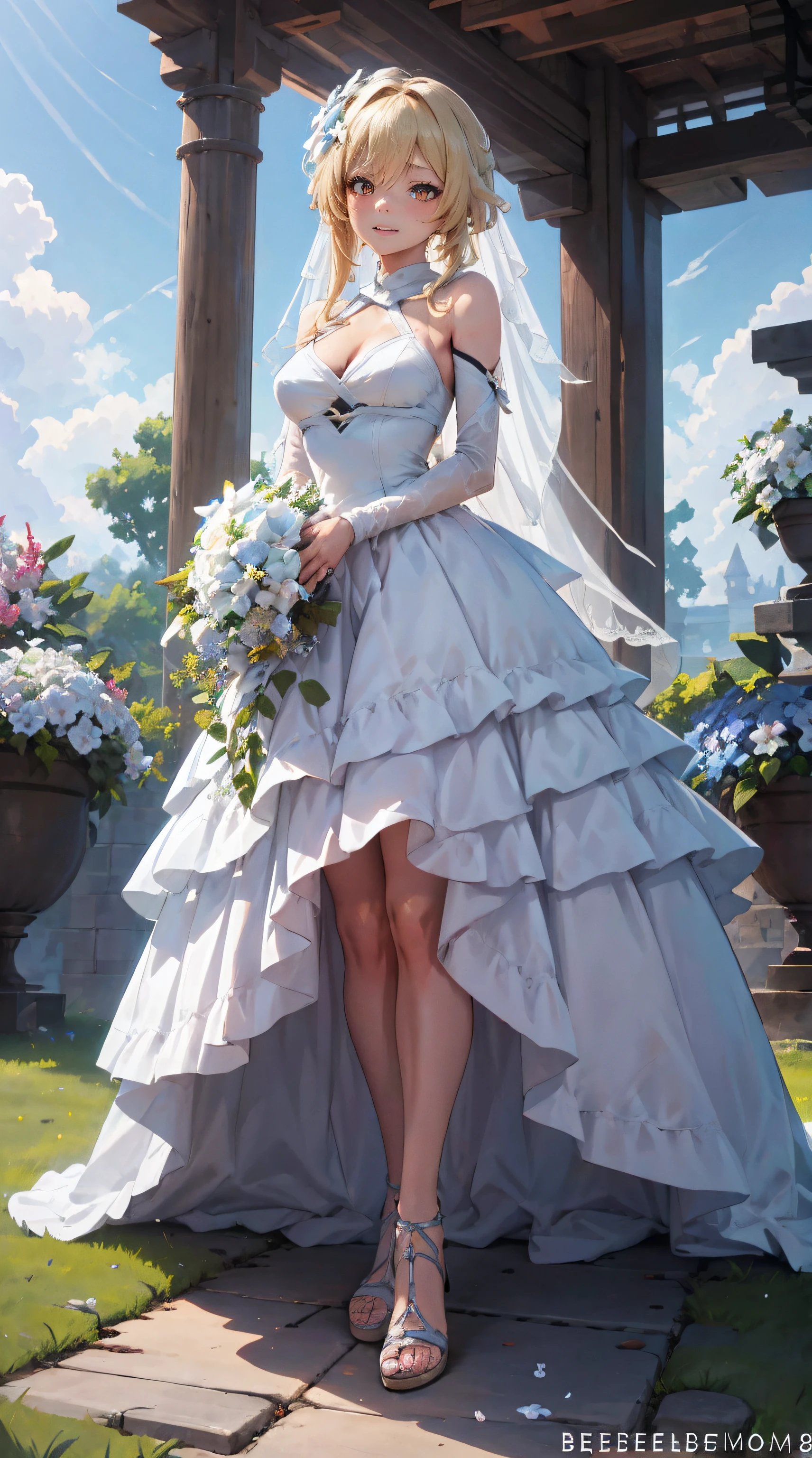 Lumine | genshin impact, master-piece, bestquality, 1girls,25 years old, proportional body, proportional., Wedding Dresses, White Wedding Dress, Long skirt, wedding, mediuml breasts, ,bara, Standing in the middle of a flower garden, outdoor, wedding, The sky is beautiful, Both hands hold a bouquet of flowers............, View viewers from the front., Thigh strap, Head tilt, bored, 10, 10, HD, slight smile,