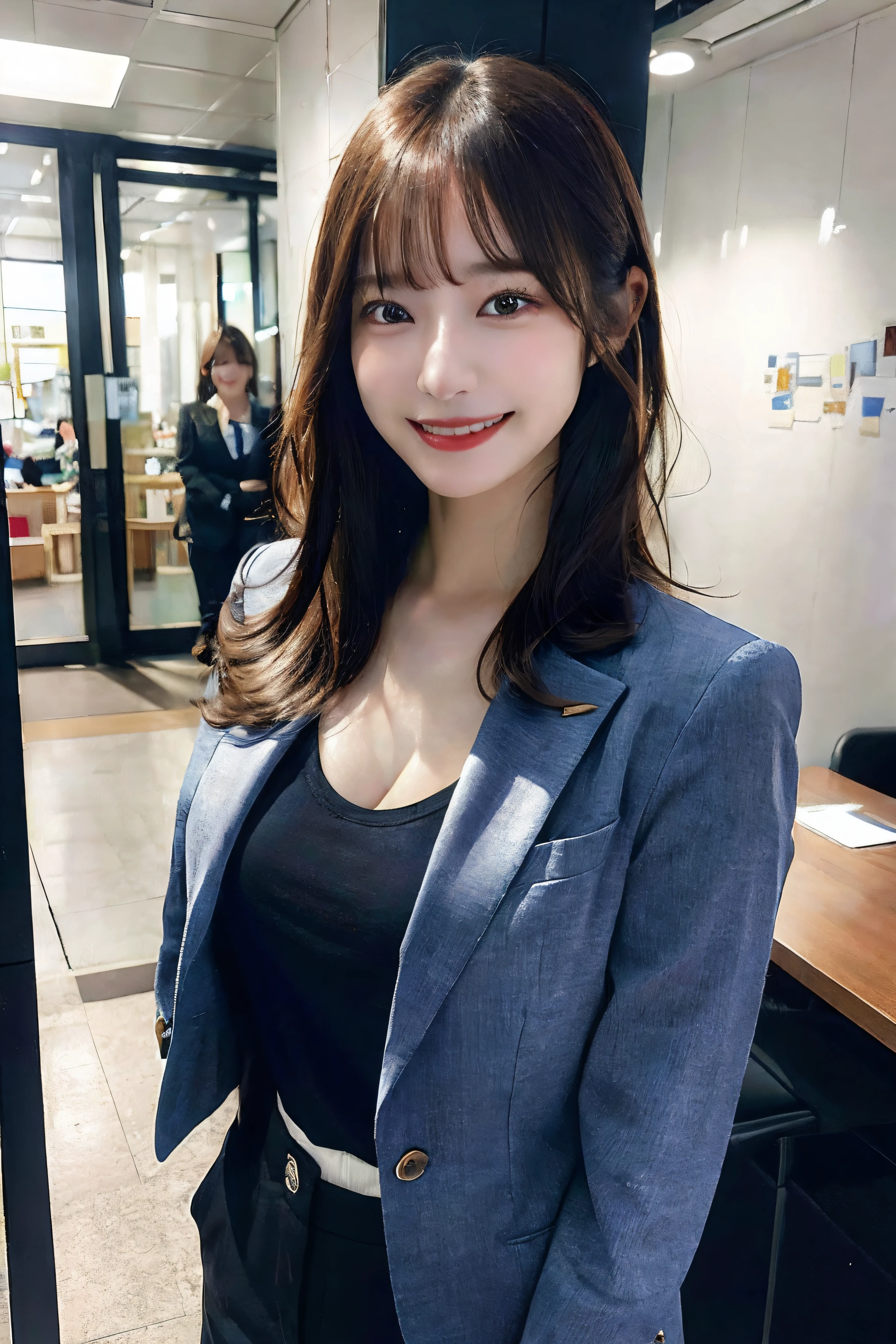 (8k, RAW photo, ultra high res, best quality, masterpiece:1.2), (realistic illustration), (extremely detailed CG unity 8k wallpaper), absurdres,
1 girl,21 yo, beautiful face,medium breasts,black medium hair,smile,tilting head,grin,upper body,slim fit pants,gray tailored jacket,office,upper body、乃木坂アイドル、女優、韓国アイドル